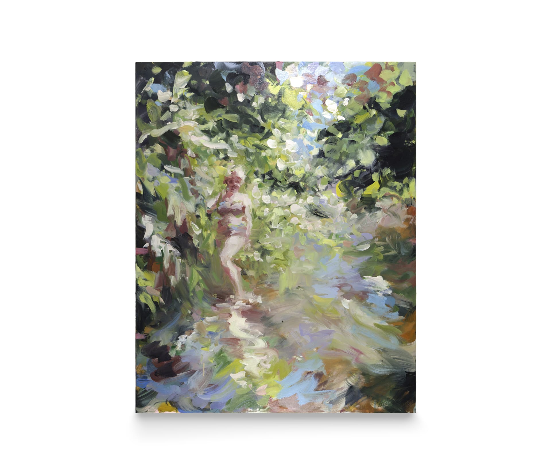 A painting by Laura Lancaster of a young woman stood in a river surrounded by lush green foliage