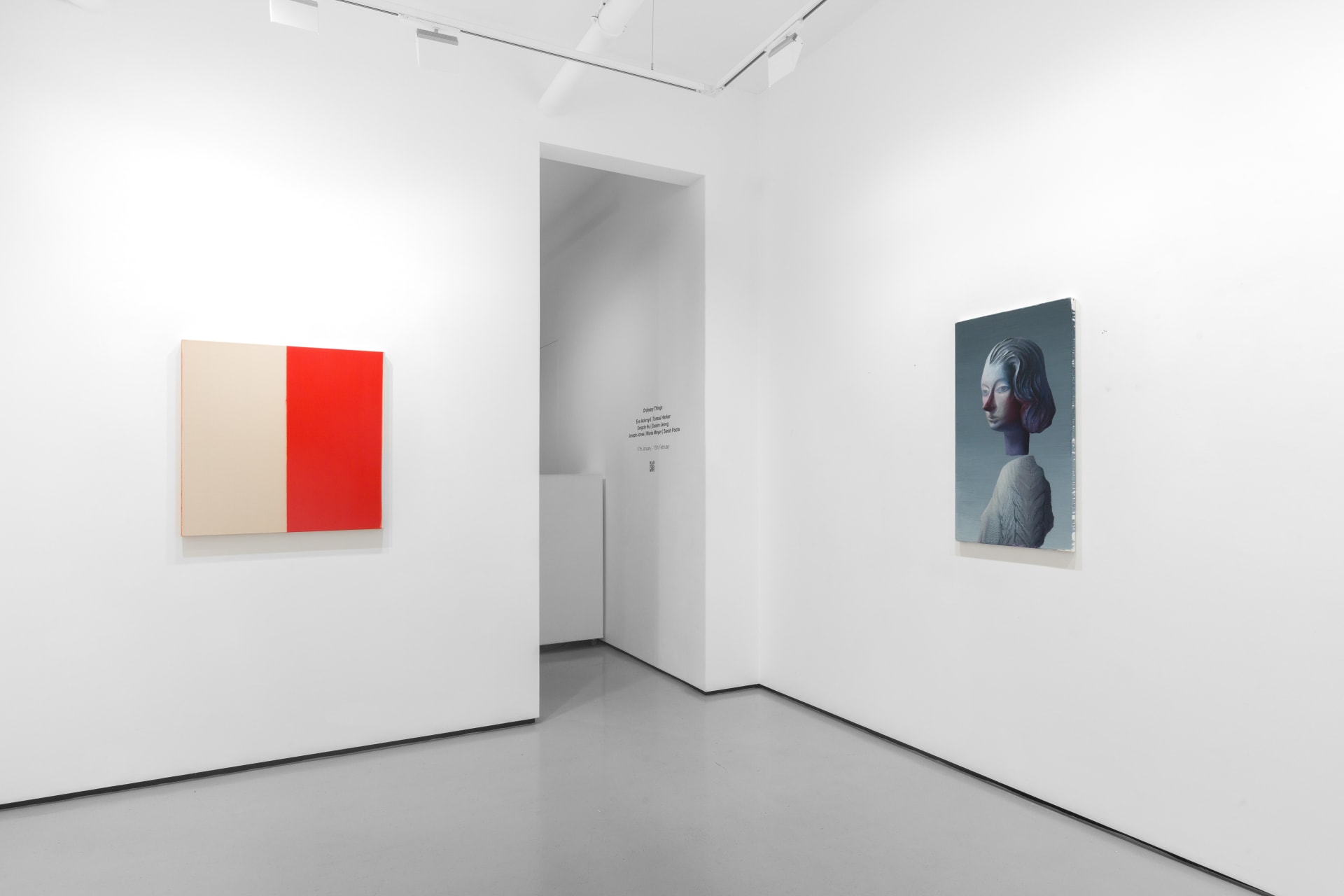 Installation view of the group exhibition Cold Feed at Workplace London including paintings and floor based sculpture