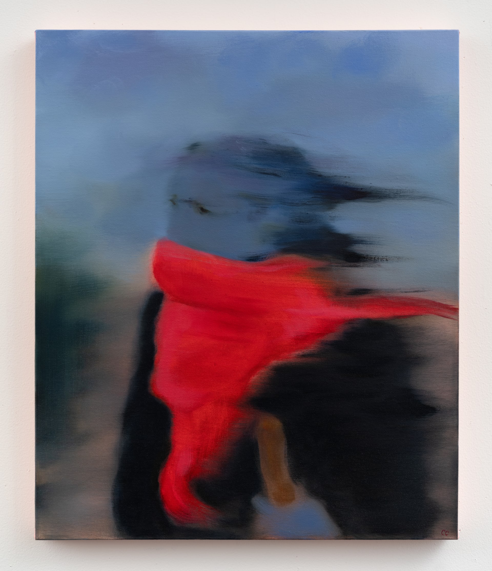 Painting by Cathleen Clarke of a woman with a red scarf holding a wooden stick with a blue background