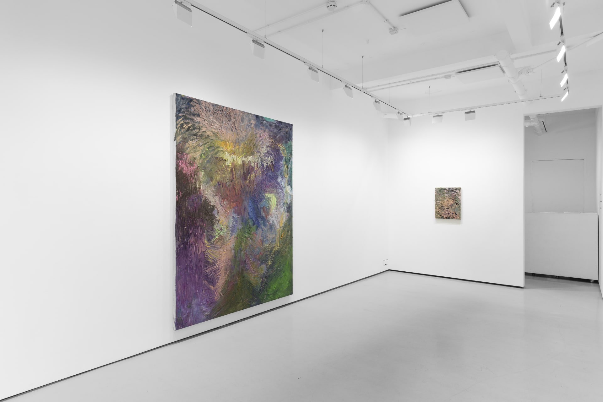 An installation view of James Cabaniuk's solo exhibition with two very large impasto oil paintings on the wall