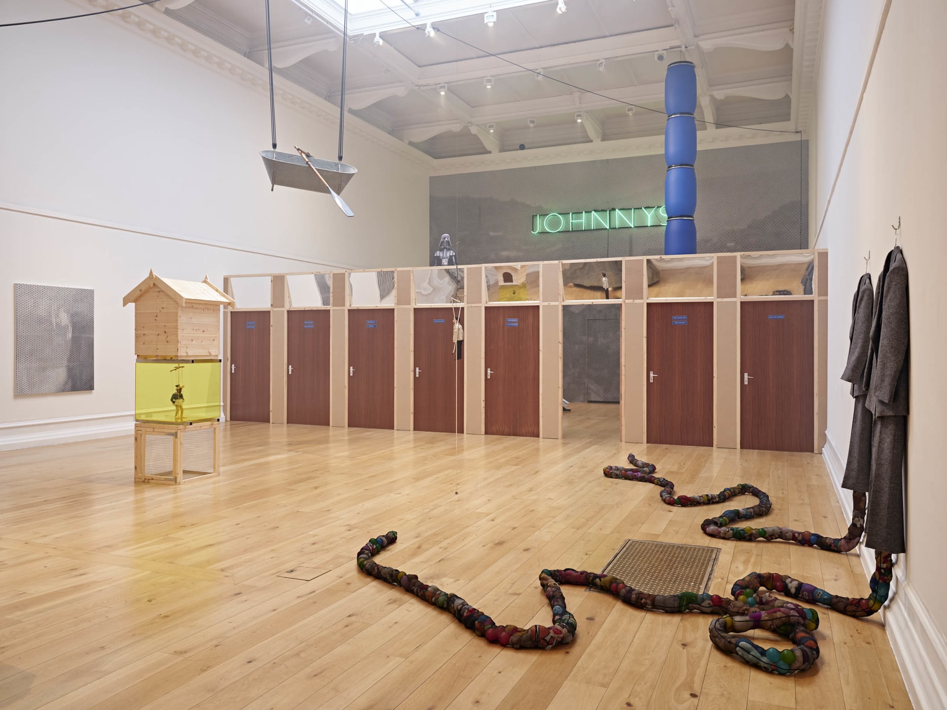 Installation views of Simeon Barclay's solo exhibition 'In the Name of the Father' at South London Gallery in September 2022
