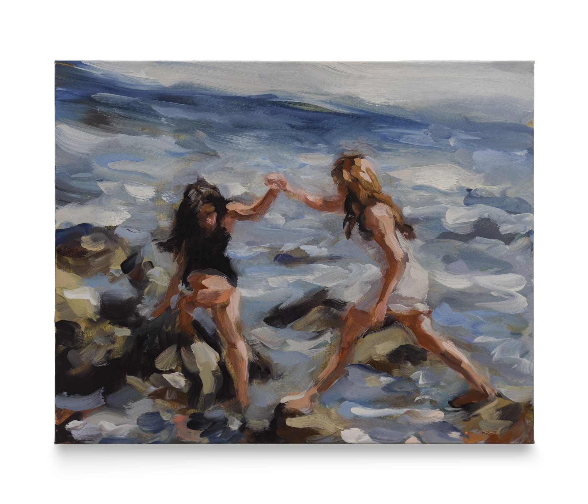 Painting of two girls jumping rocks by the sea by Laura Lancaster