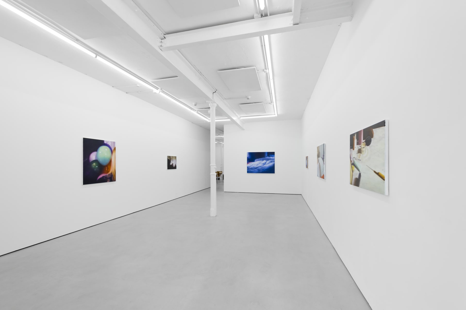 Rachel Lancaster's medium scale oil paintings of domestic objects from cinema are hung in a spacious white gallery space