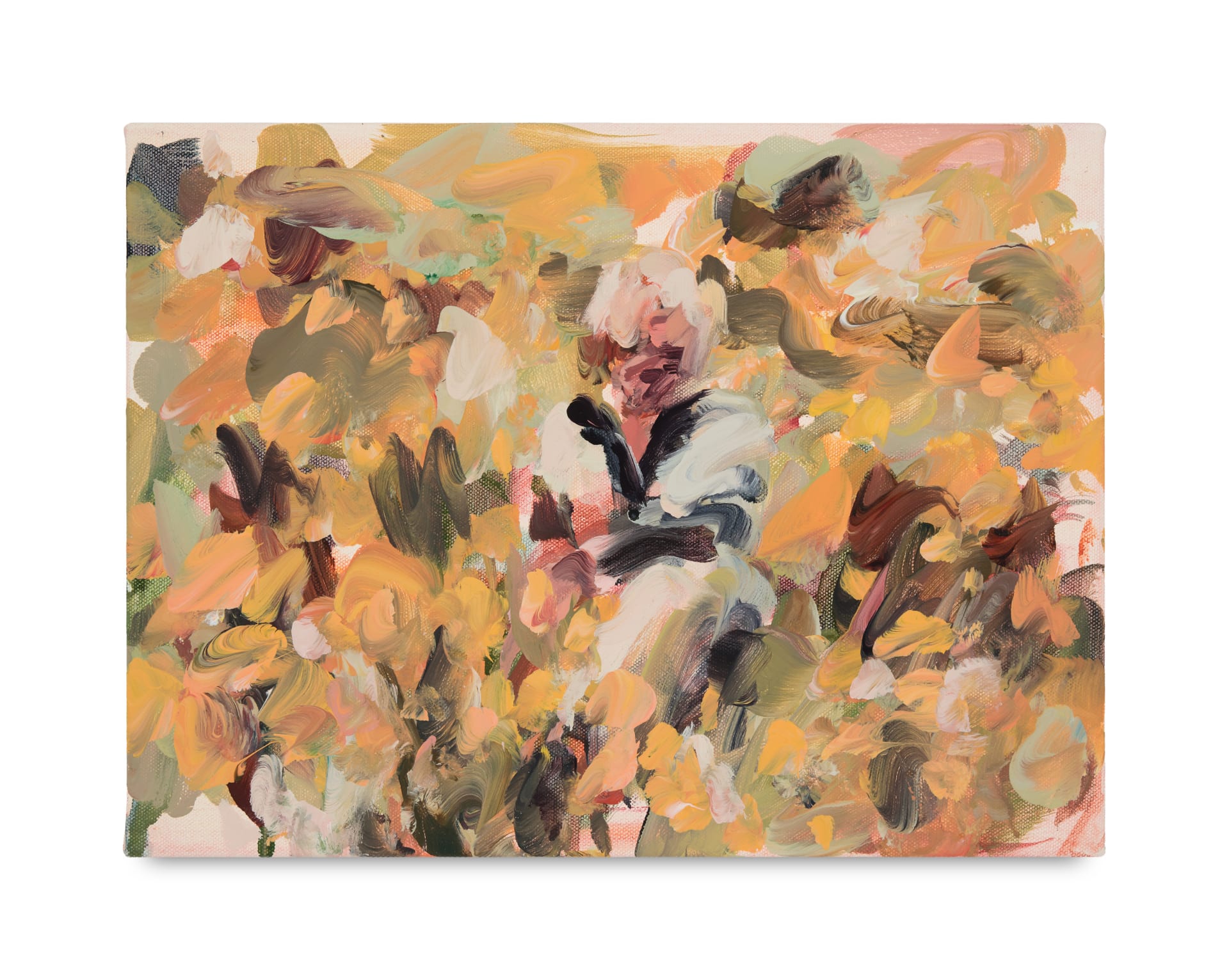 A gestural painting by Laura Lancaster of a woman sat in a golden yellow field