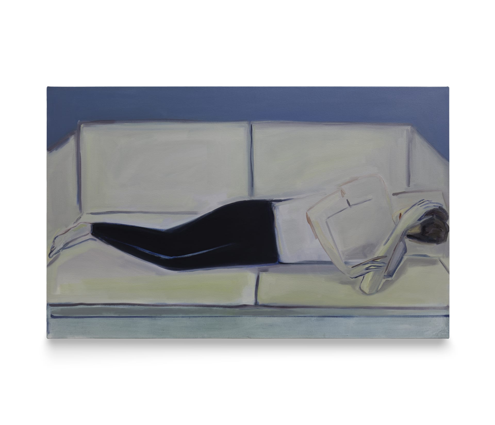 A painting by Eve Ackroyd of a boy reclining on a sofa