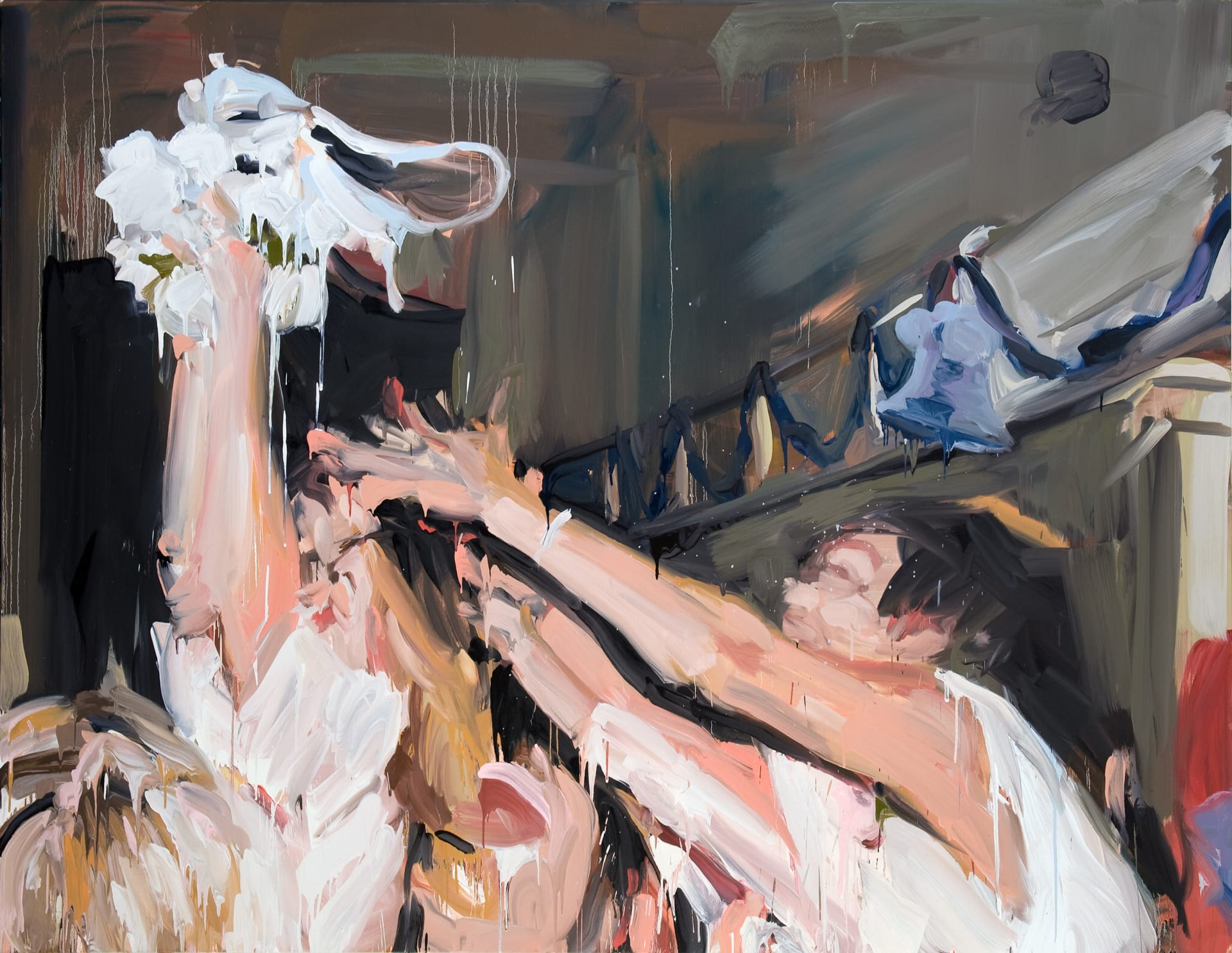 A painting by Laura Lancaster of various hands reaching for a bunch of flowers