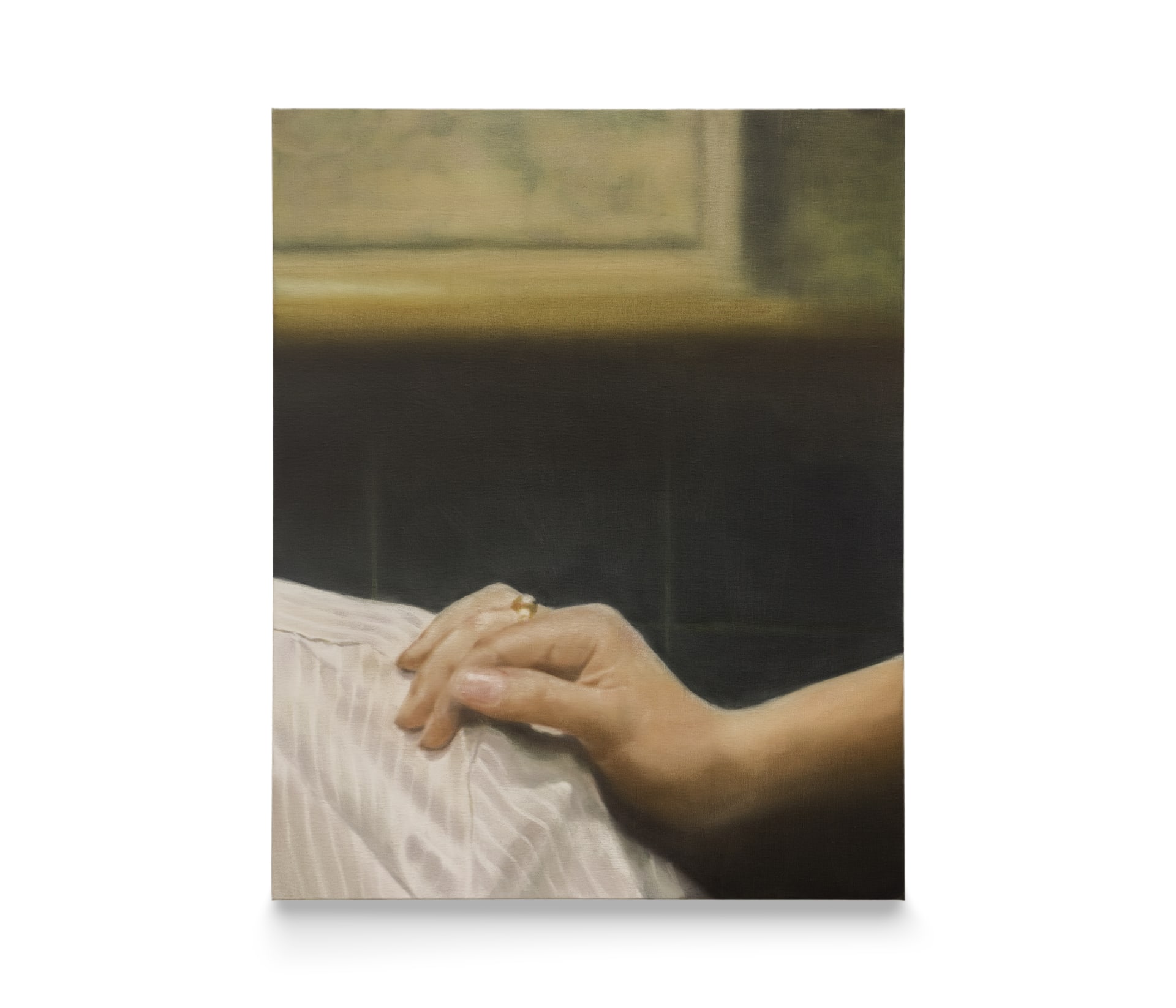 A painting by Rachel Lancaster of a hand resting on a light material