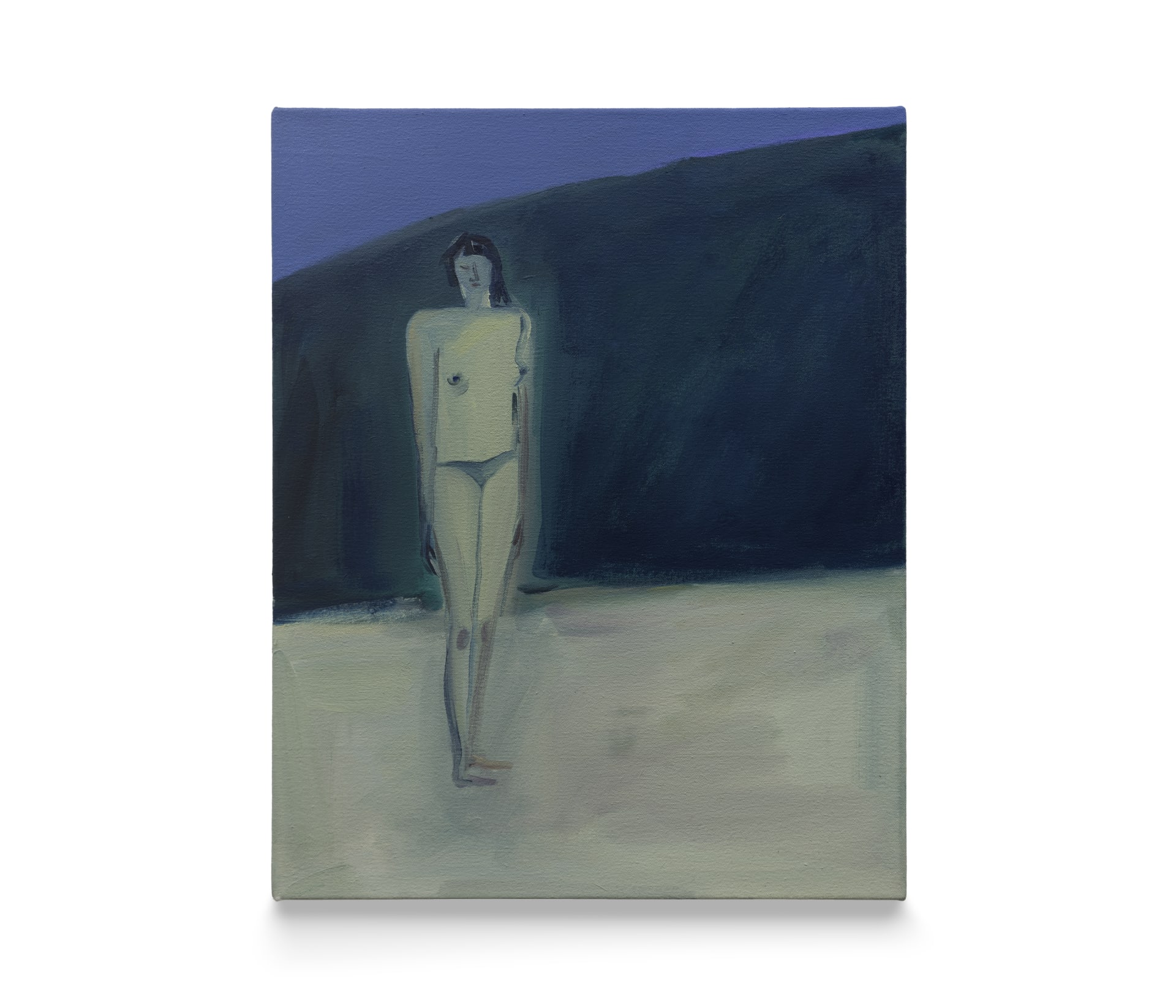 A painting by Eve Ackroyd of a naked woman standing in a barren landscape