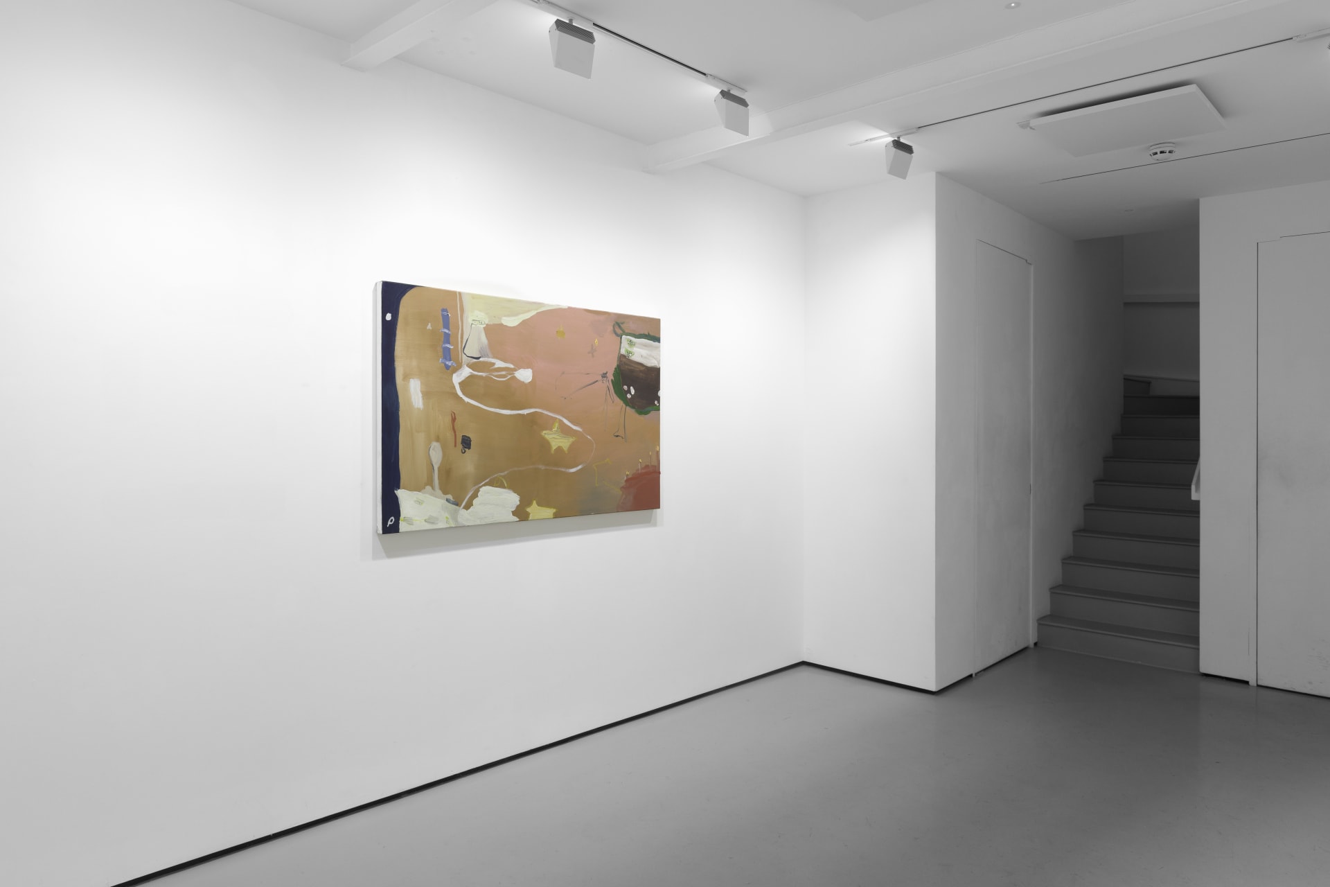 A white walled gallery with 4 artworks by b chehayeb hung on the walls