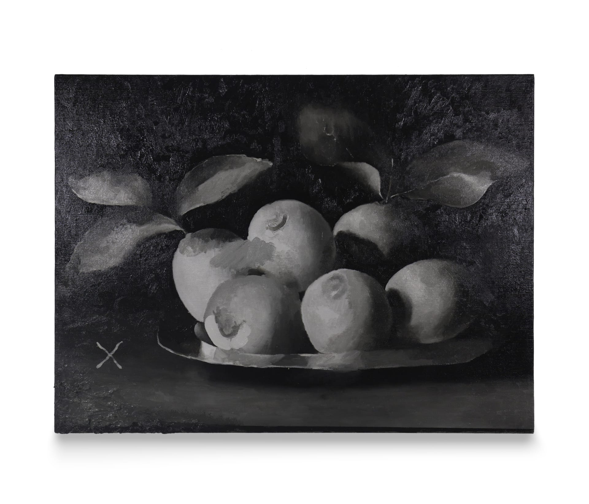a monochrome painting by Robin Megannity of an fruit bowl still life