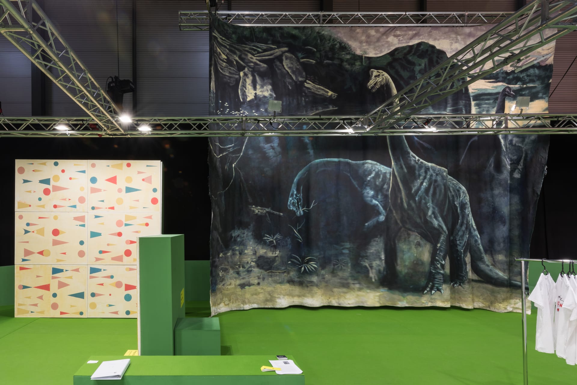 Workplace' booth at ARCO Madrid featuring a large painting on canvas of a pair of Brontosaurus dinosaurs