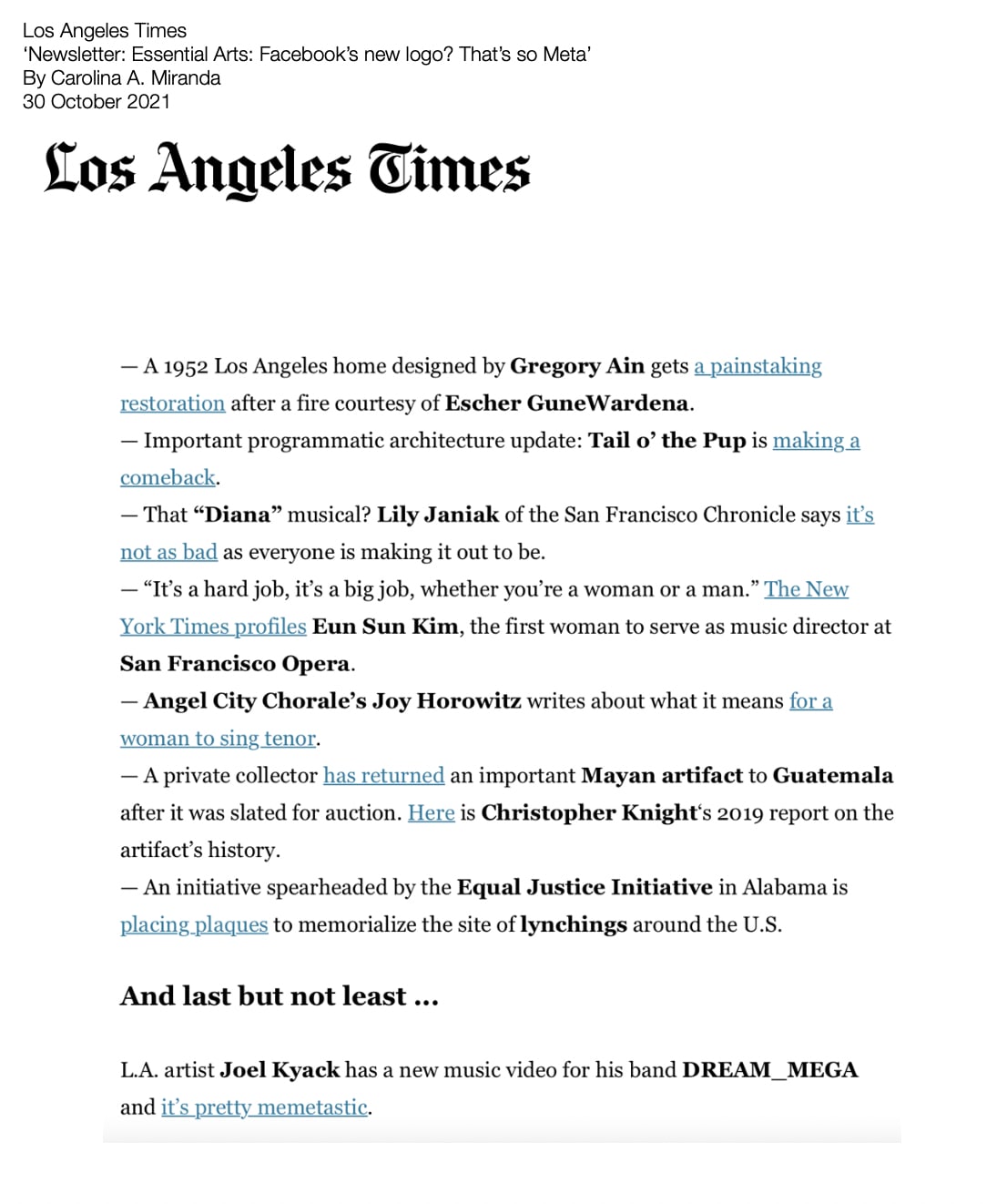 Los Angeles Times ‘Newsletter: Essential Arts: Facebook’s new logo? That’s so Meta’ By Carolina A. Miranda 30 October 2021
