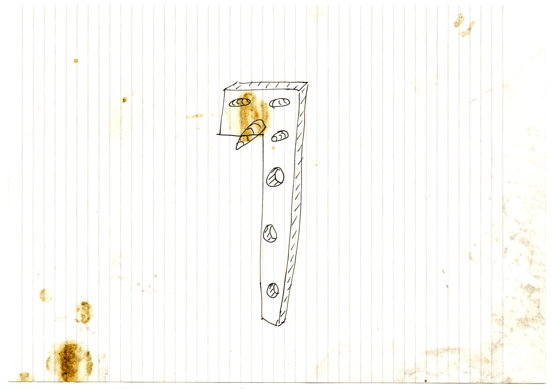 a drawing by Eric Bainbridge on lined paper of a floorboard nail with a face and holes in its body. There are brown stains on the paper