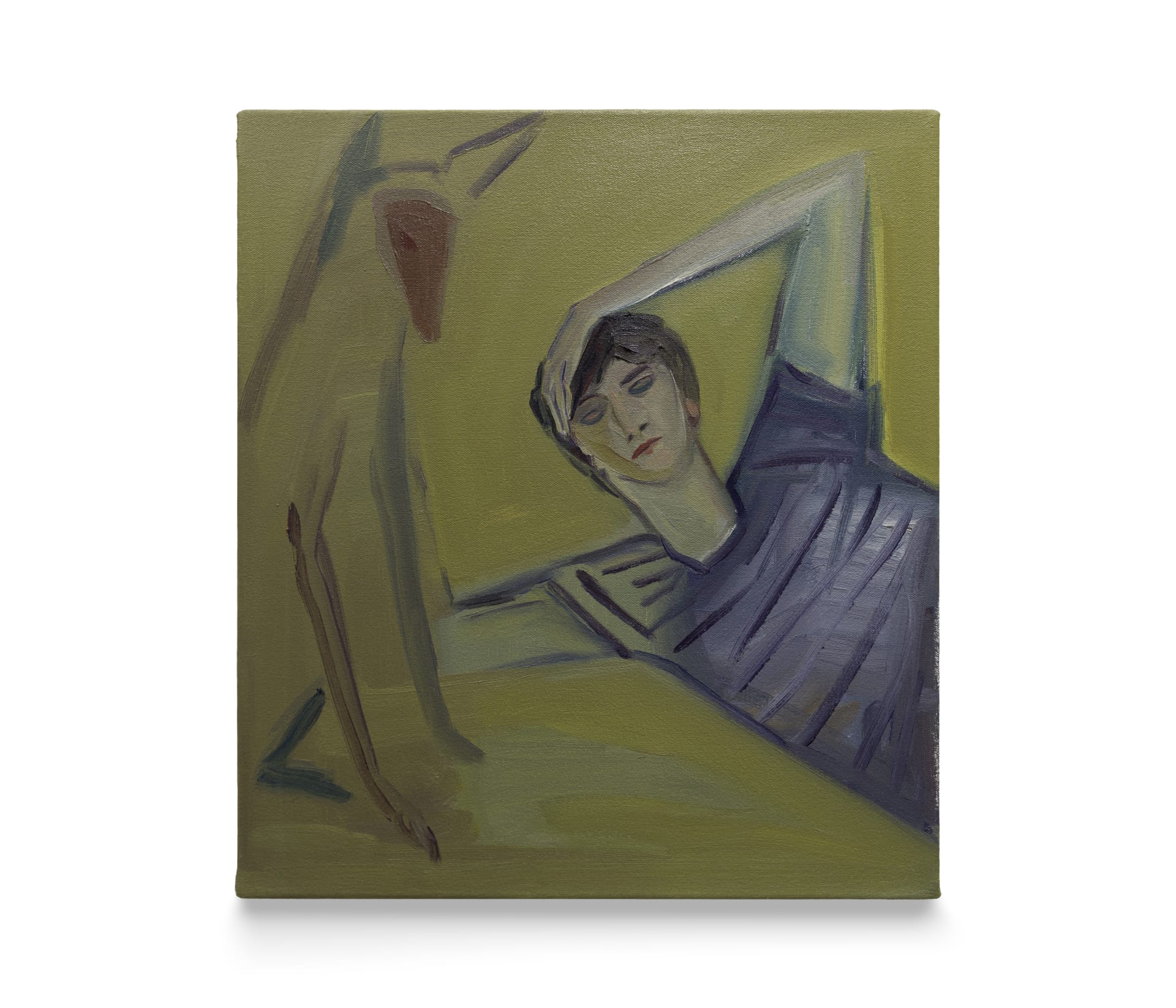 A painting by Eve Ackroyd of a young boy and a dog