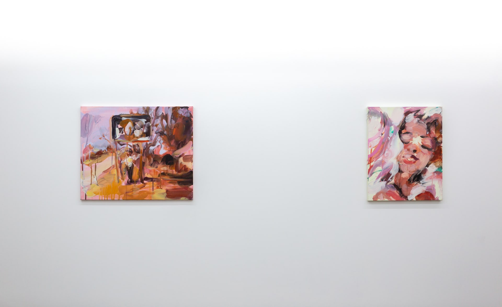 Installation shots of Laura Lancaster's solo show at Workplace London. Close up crop paintings of sleeping women and figures in landscapes, loosely painted.