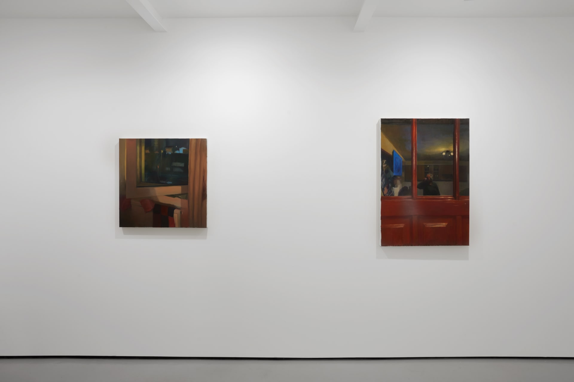 Installation shots of Cristian Avram's exhibition 'Lapse' at Workplace in London. An exhibition of oil paintings in a minimal white gallery space. 
