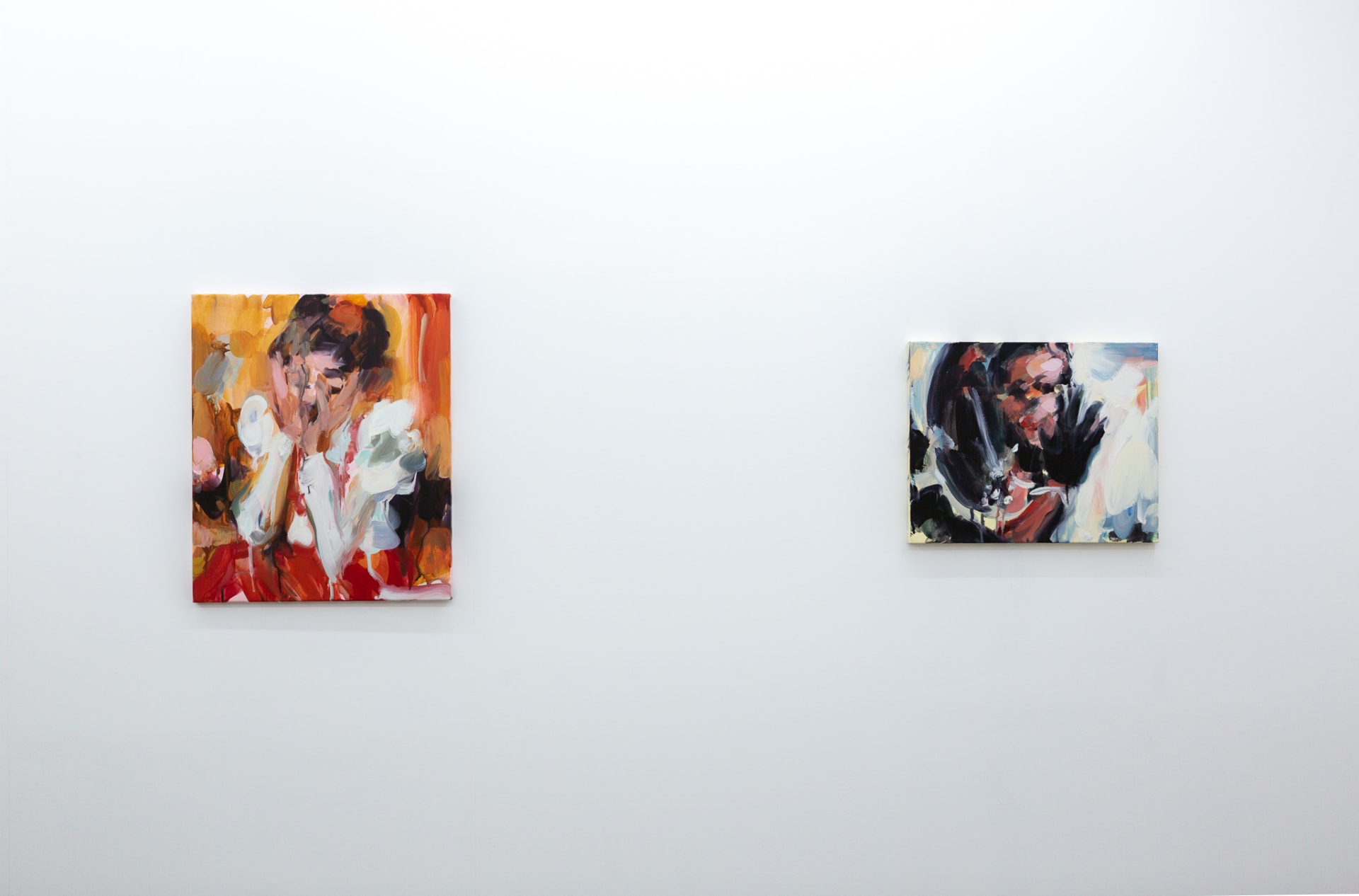 Installation shots of Laura Lancaster's solo show at Workplace London. Close up crop paintings of sleeping women and figures in landscapes, loosely painted.