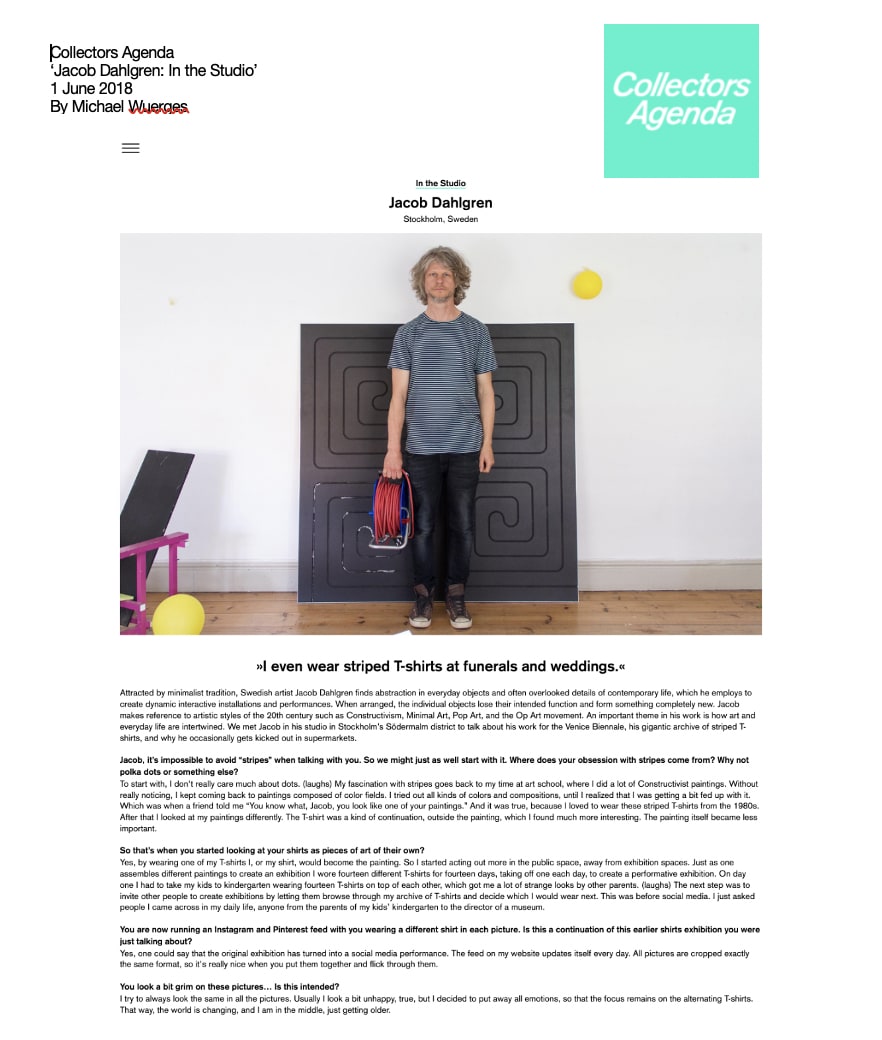 Collectors Agenda article cover about Jacob Dahlgren. Image shows Jacob Dahlgren stood face on to the camera wearing a black and white stripe t shirt