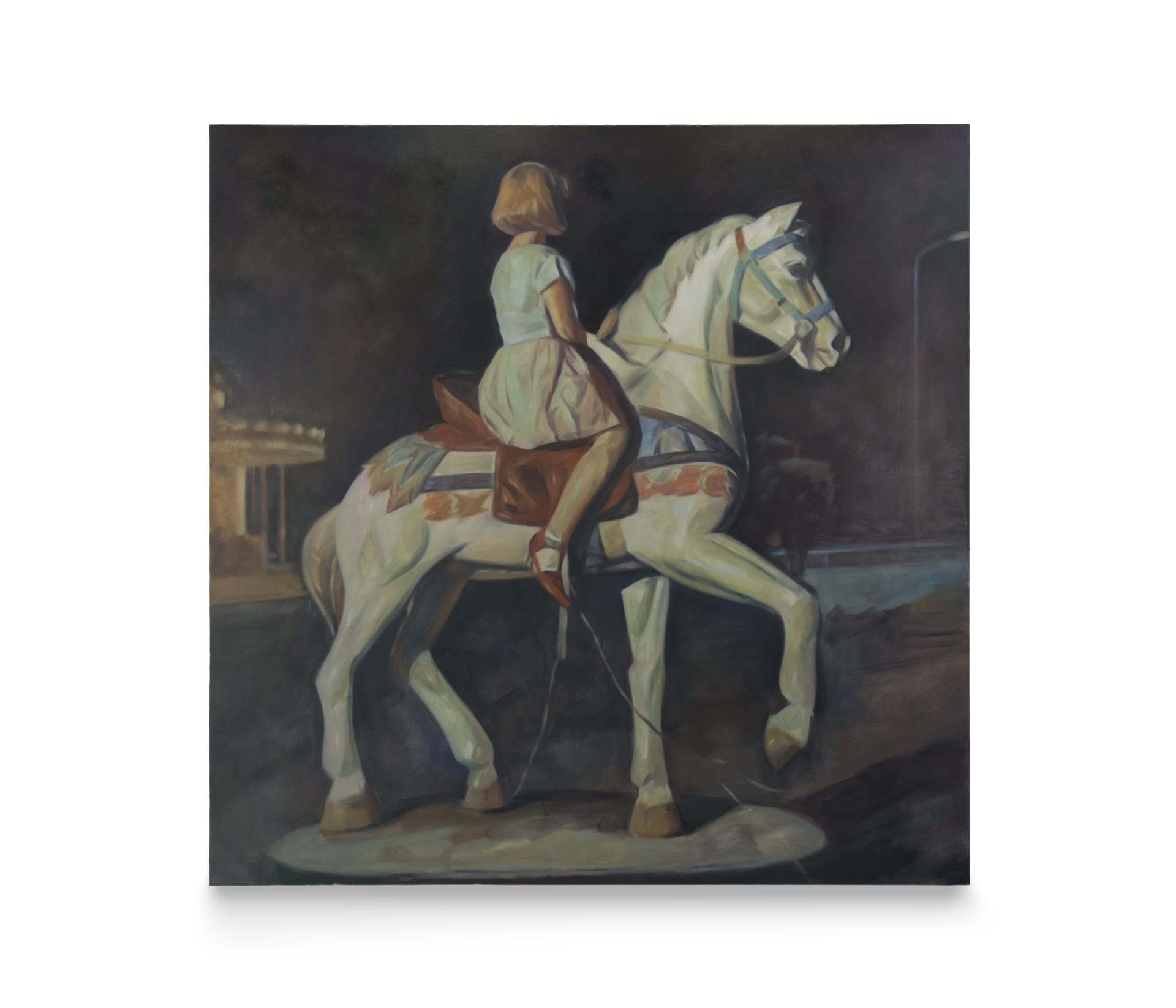 A painting by Pei Wang of a young girl with short blonde hair riding a white horse in front of a dimly lit carousel