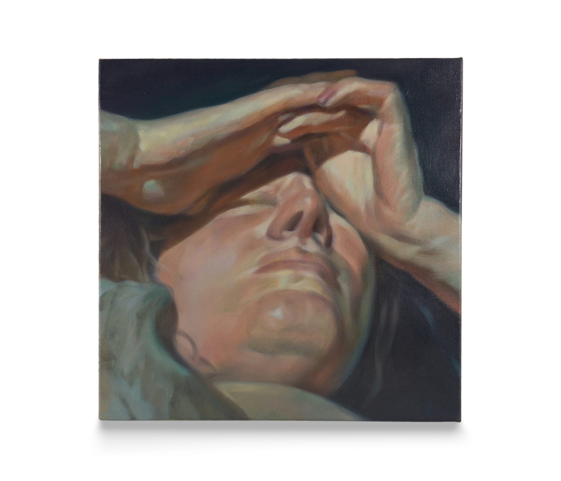 A painting by Pei Wang of a woman holding her hands up to her eyes
