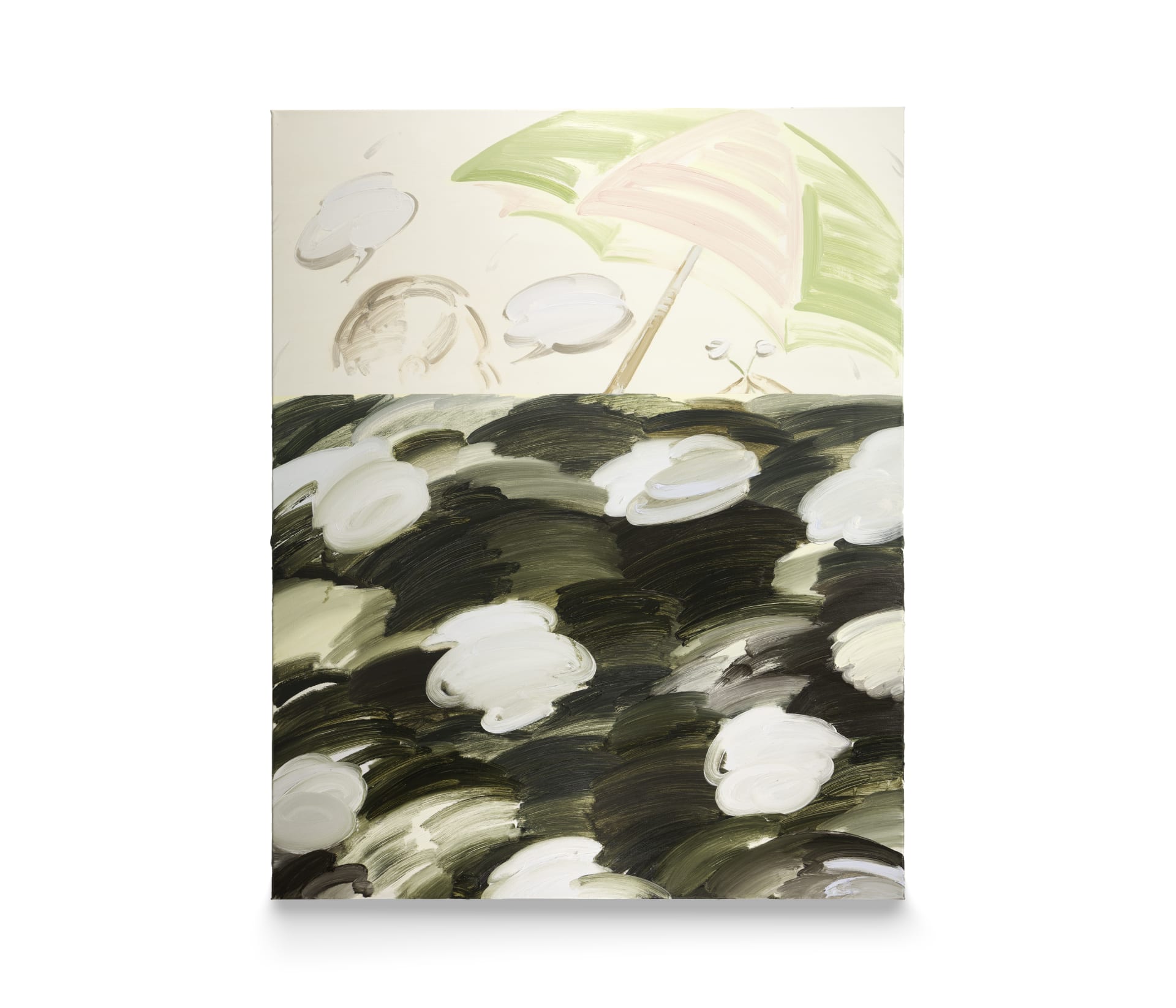 a painting by Sooim Jeong of a figure with speech bubbles and an umbrella