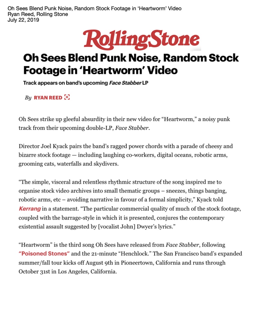 Oh Sees Blend Punk Noise, Random Stock Footage in ‘Heartworm’ Video Ryan Reed, Rolling Stone July 22, 2019