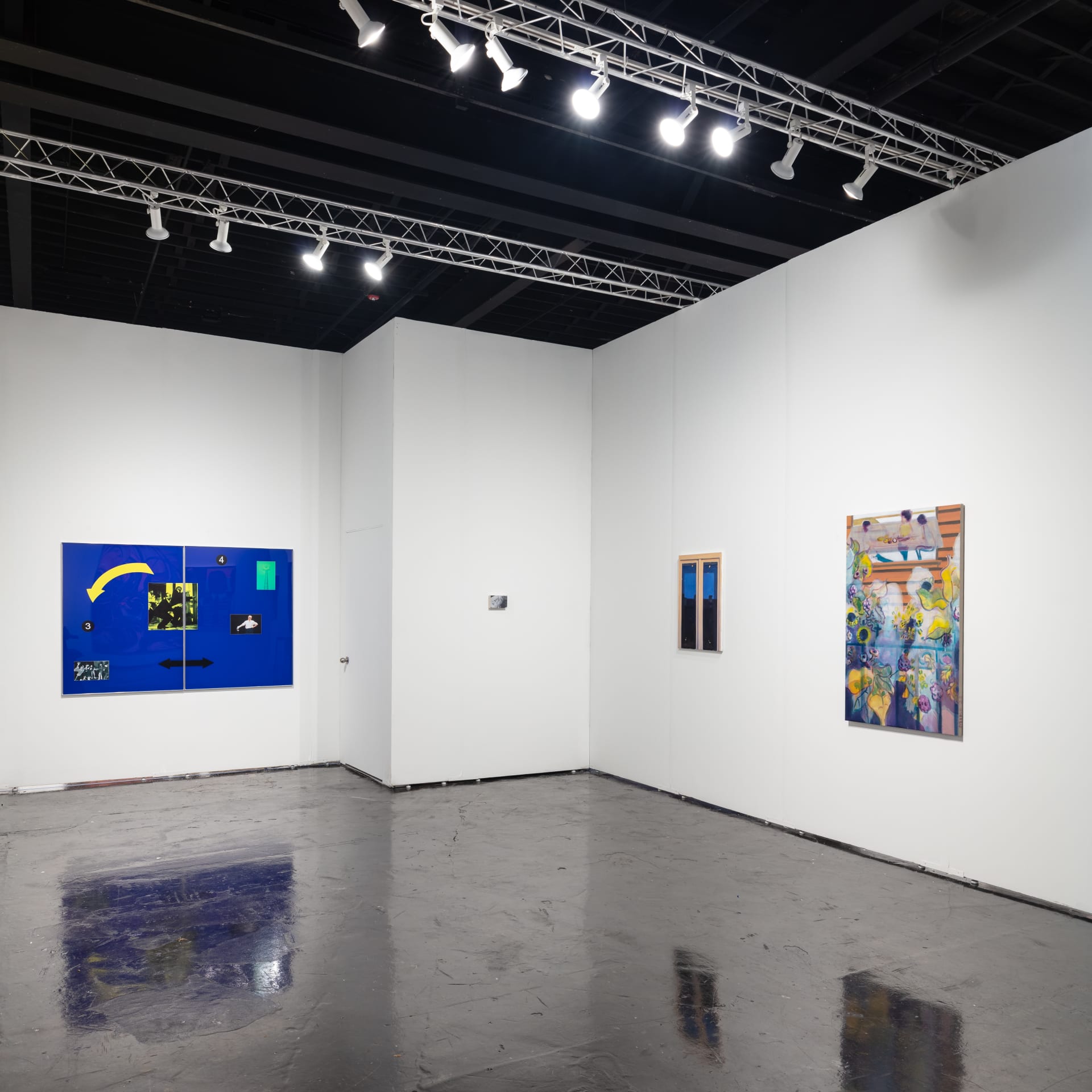 Workplace's booth at Nada Miami 2022. White walls with artworks by James Prapaithong, Simeon Barclay, Cristian Avram, Laura Lancaster, Julia Maiuri and Miko Veldkamp.