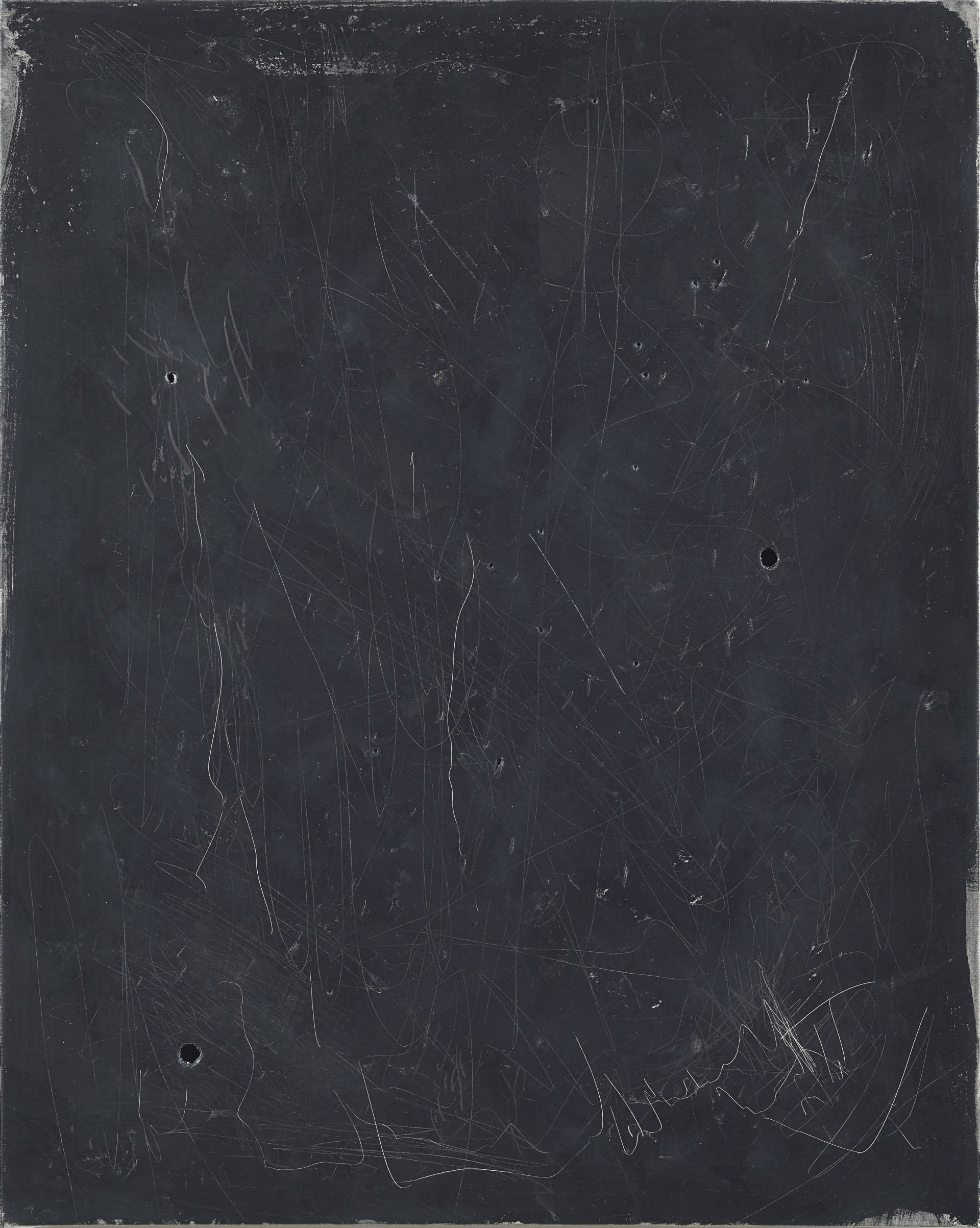 a painting by Jennifer Douglas. Black oxidised metals are scratched and punctured, 