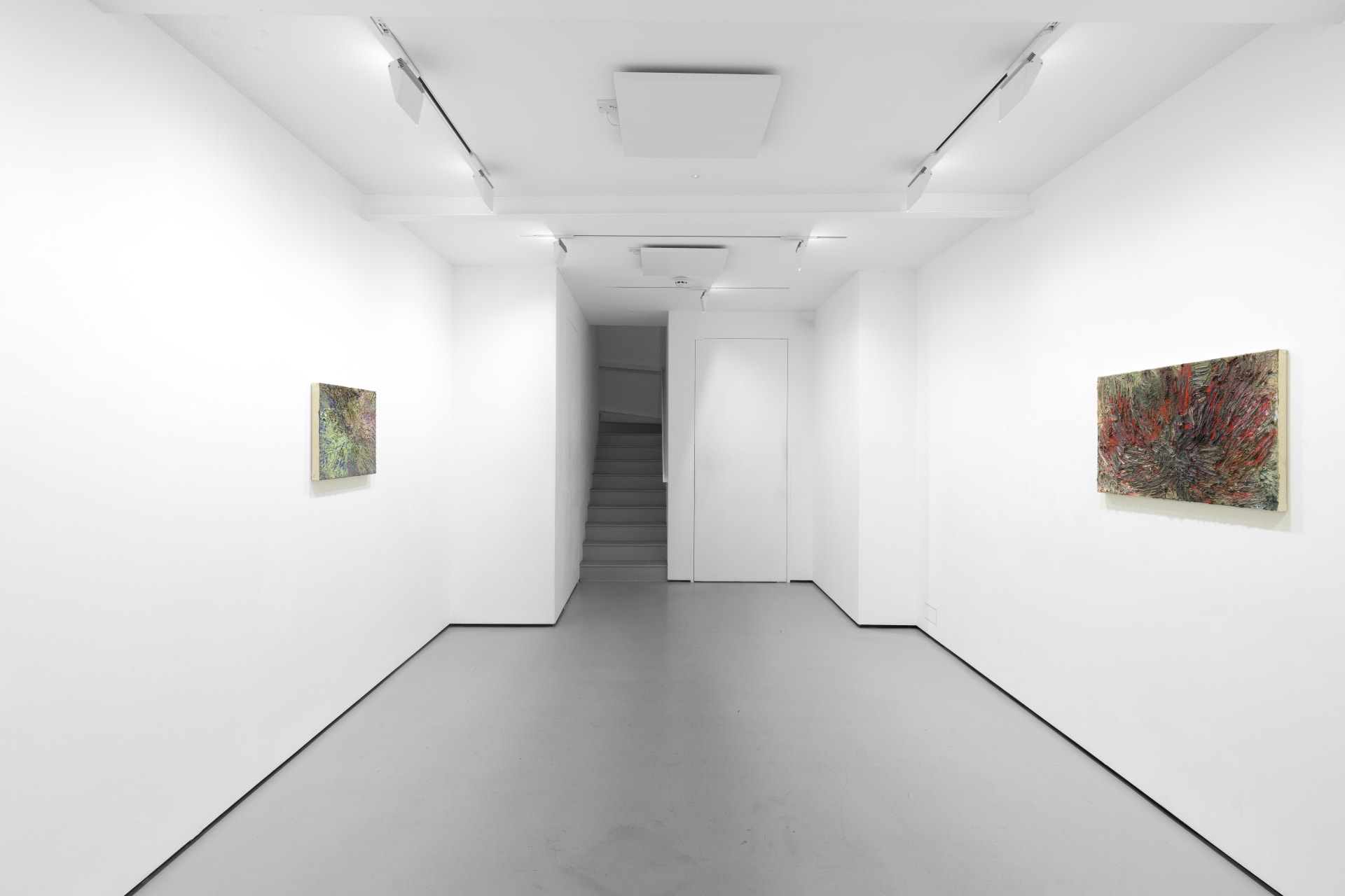 An installation view of James Cabaniuk's solo exhibition with two very large impasto oil paintings on the wall