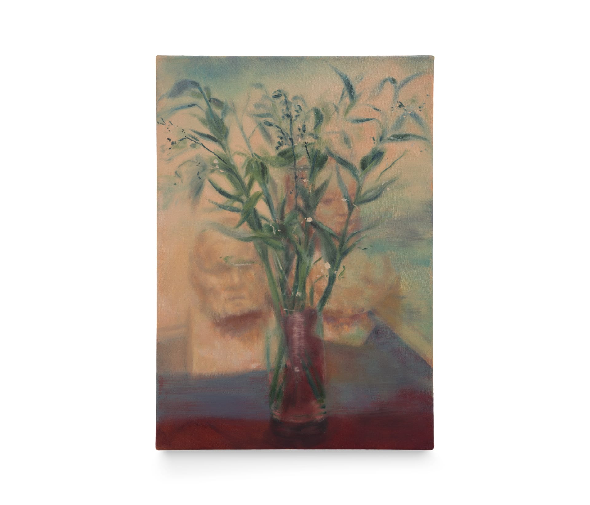 A painting of flowers in a vase in muted tones, in front of an ornamental bust