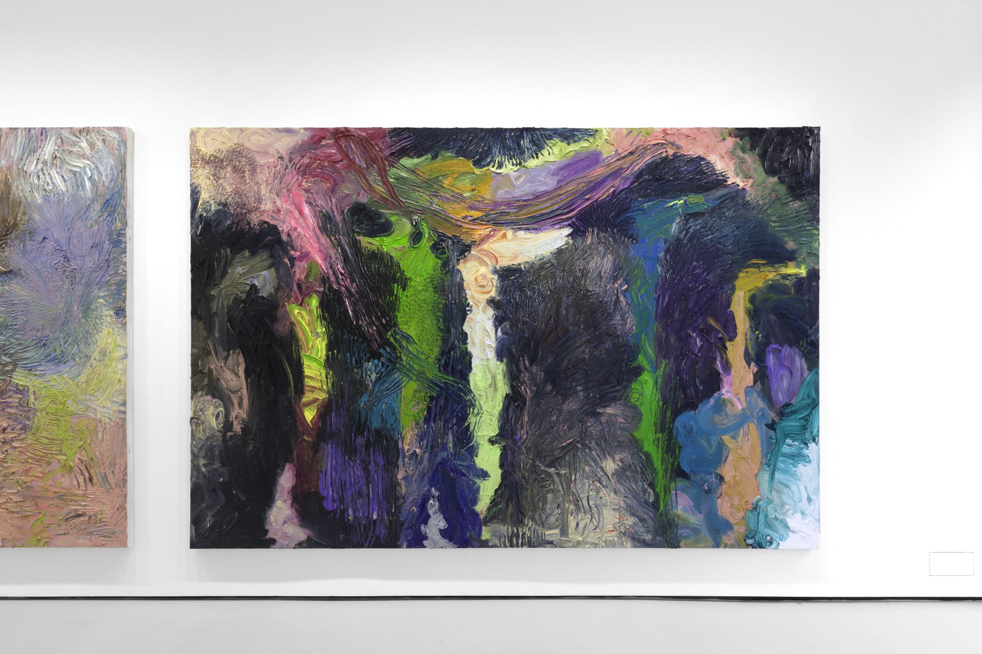 An installation view of James Cabaniuk's solo exhibition with two very large impasto oil paintings on the wall