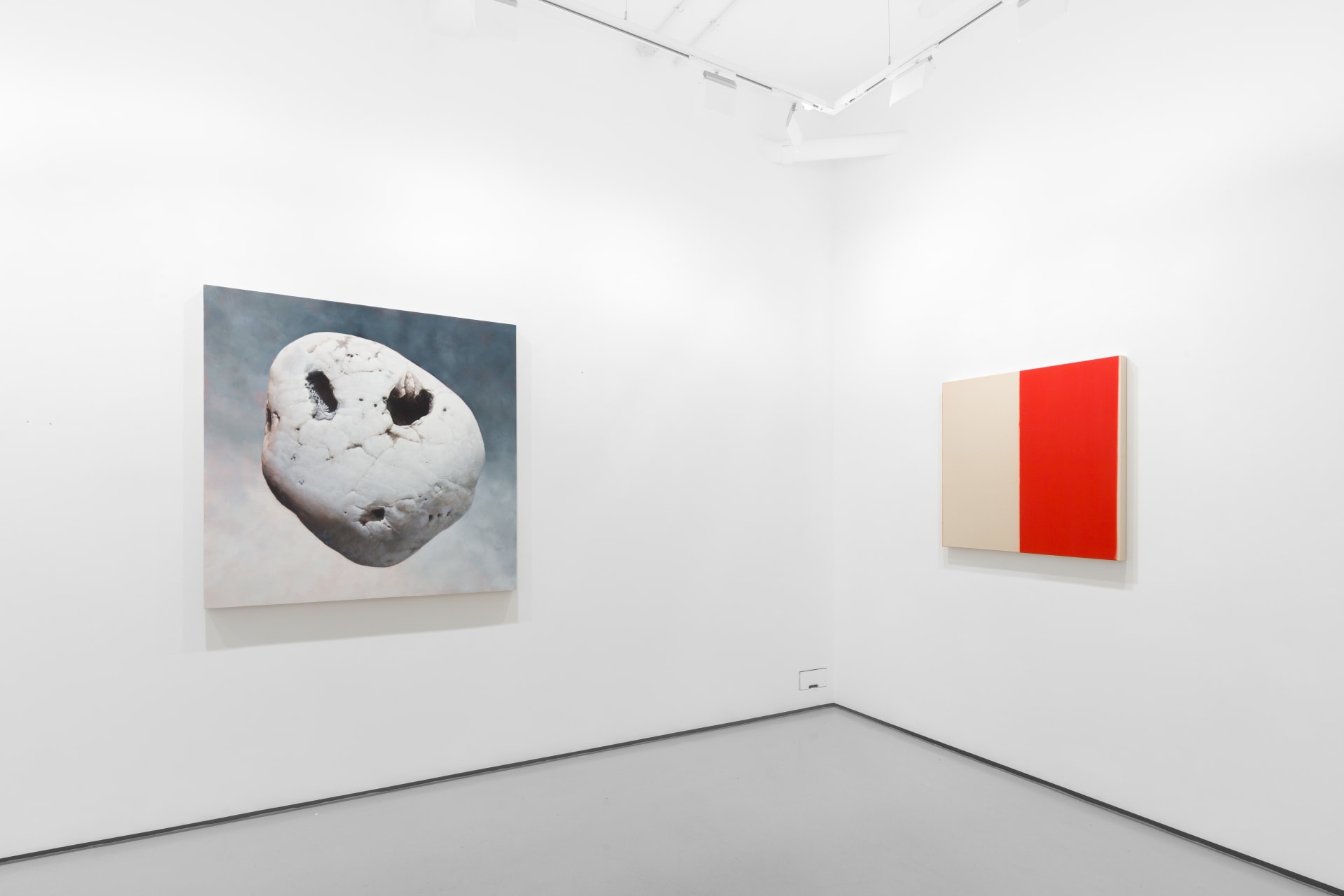 Installation view of the group exhibition Cold Feed at Workplace London including paintings and floor based sculpture