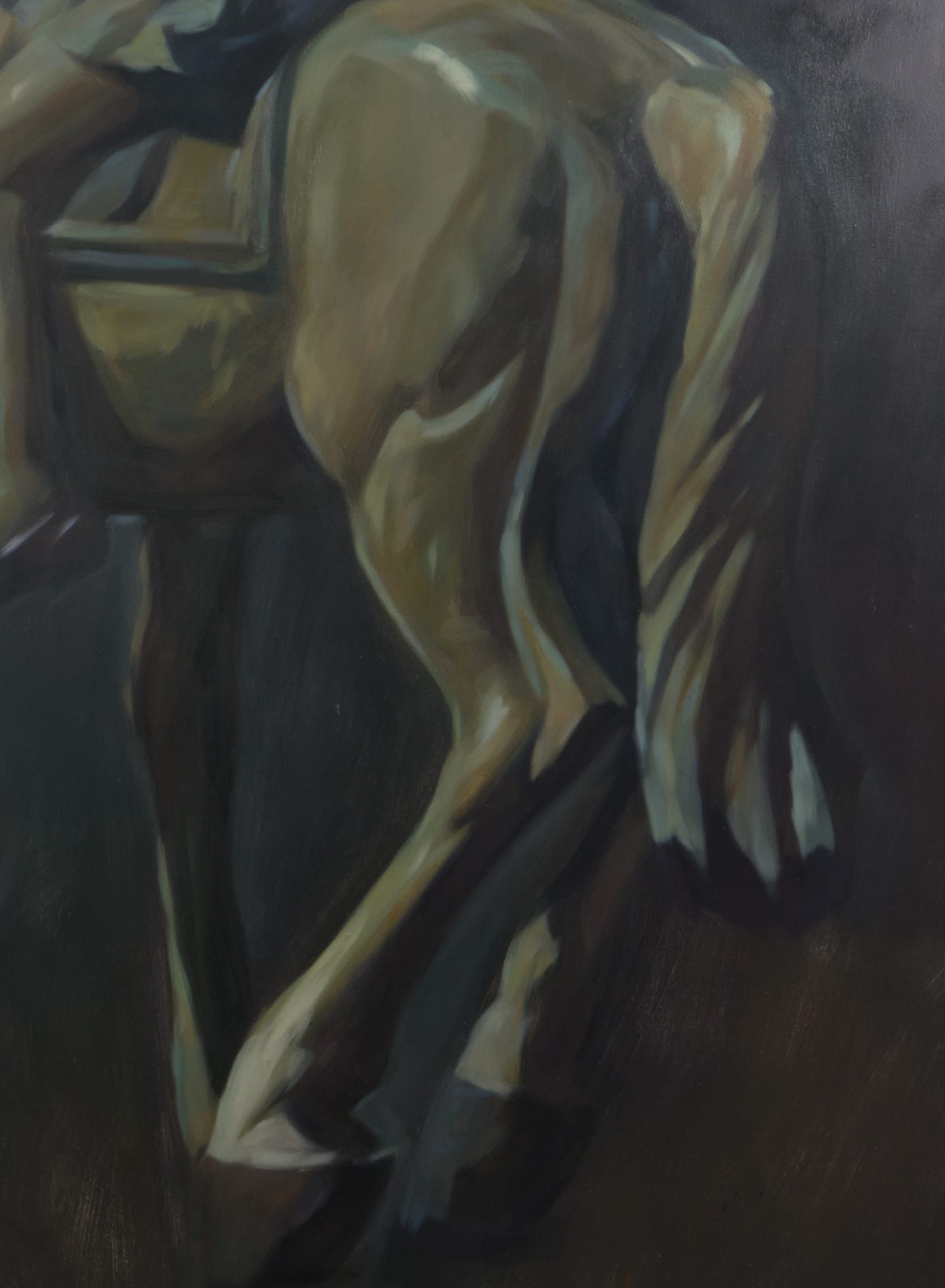 A detail of a painting by Pei Wang of a blonde haired girl riding a horse against a dark background
