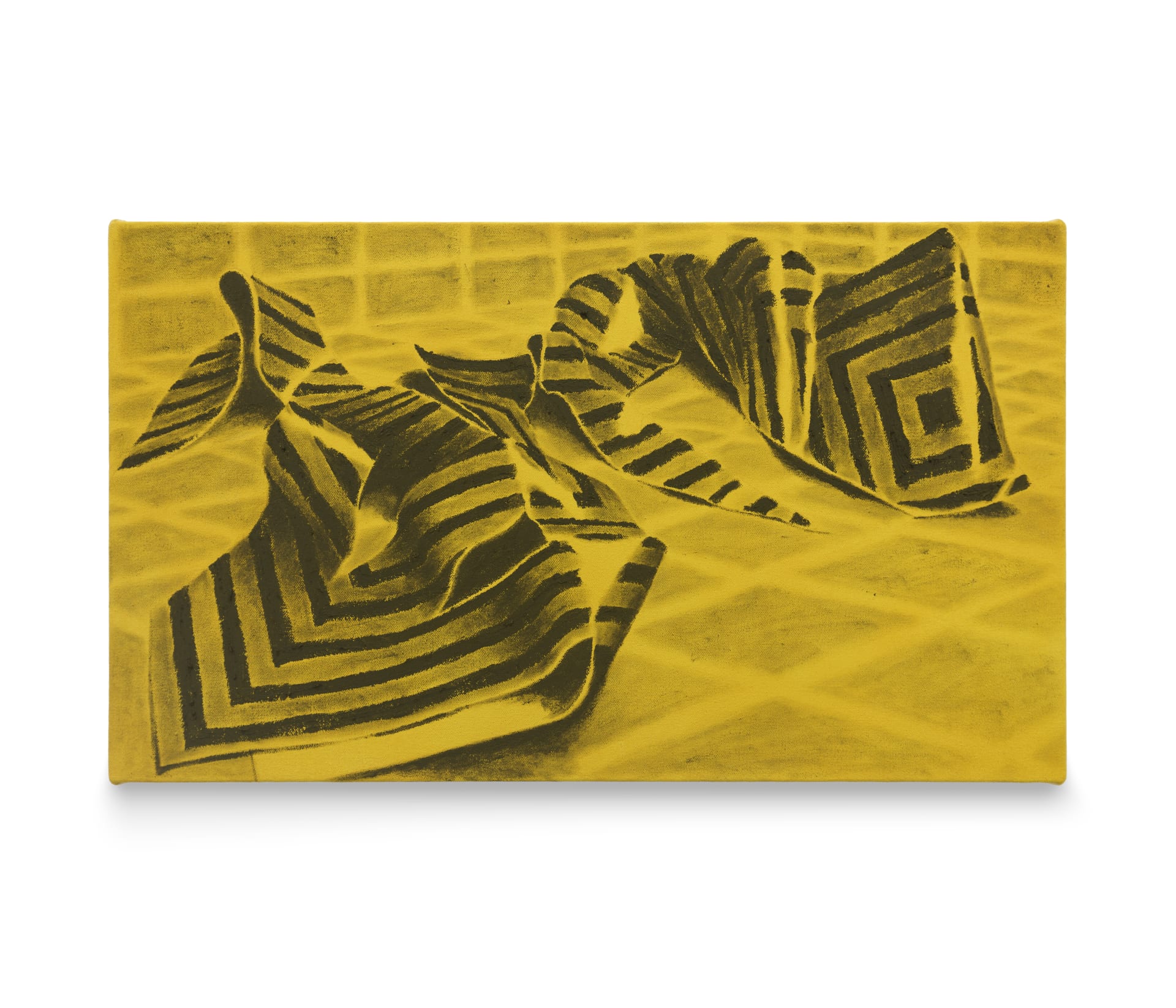 a yellow painting of a gridded landscape with torn up artwork in it. 