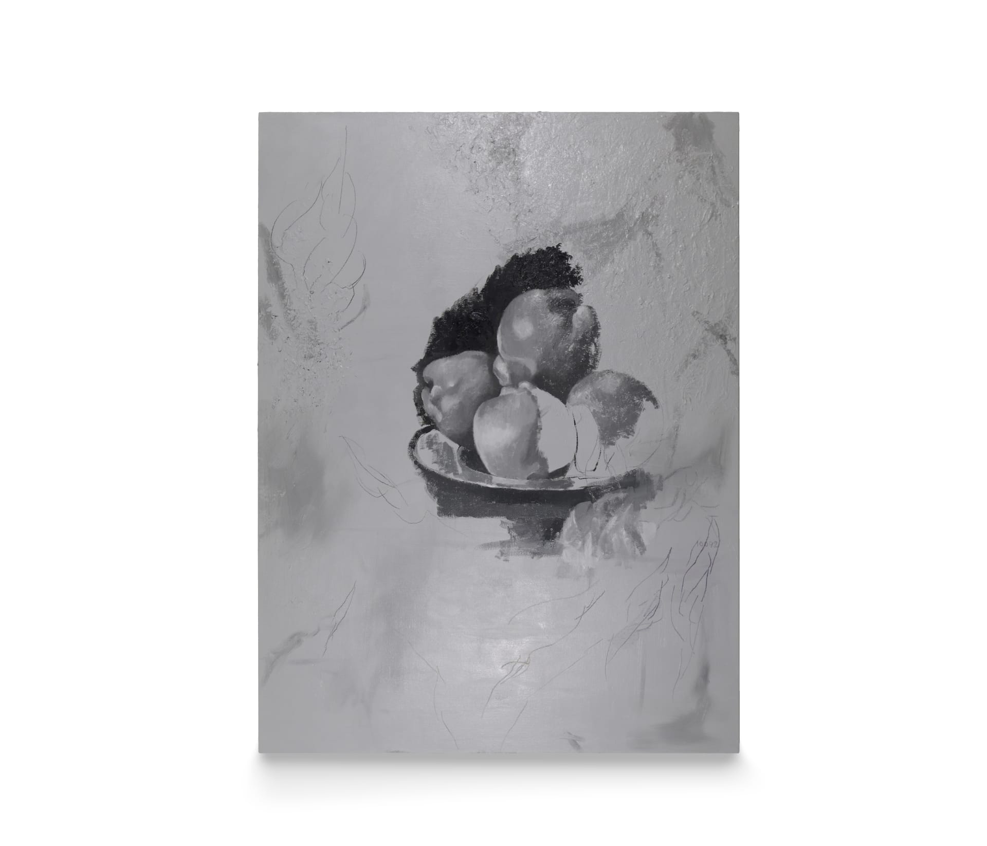 a monochrome painting by Robin Megannity of an unfinished fruit bowl still life