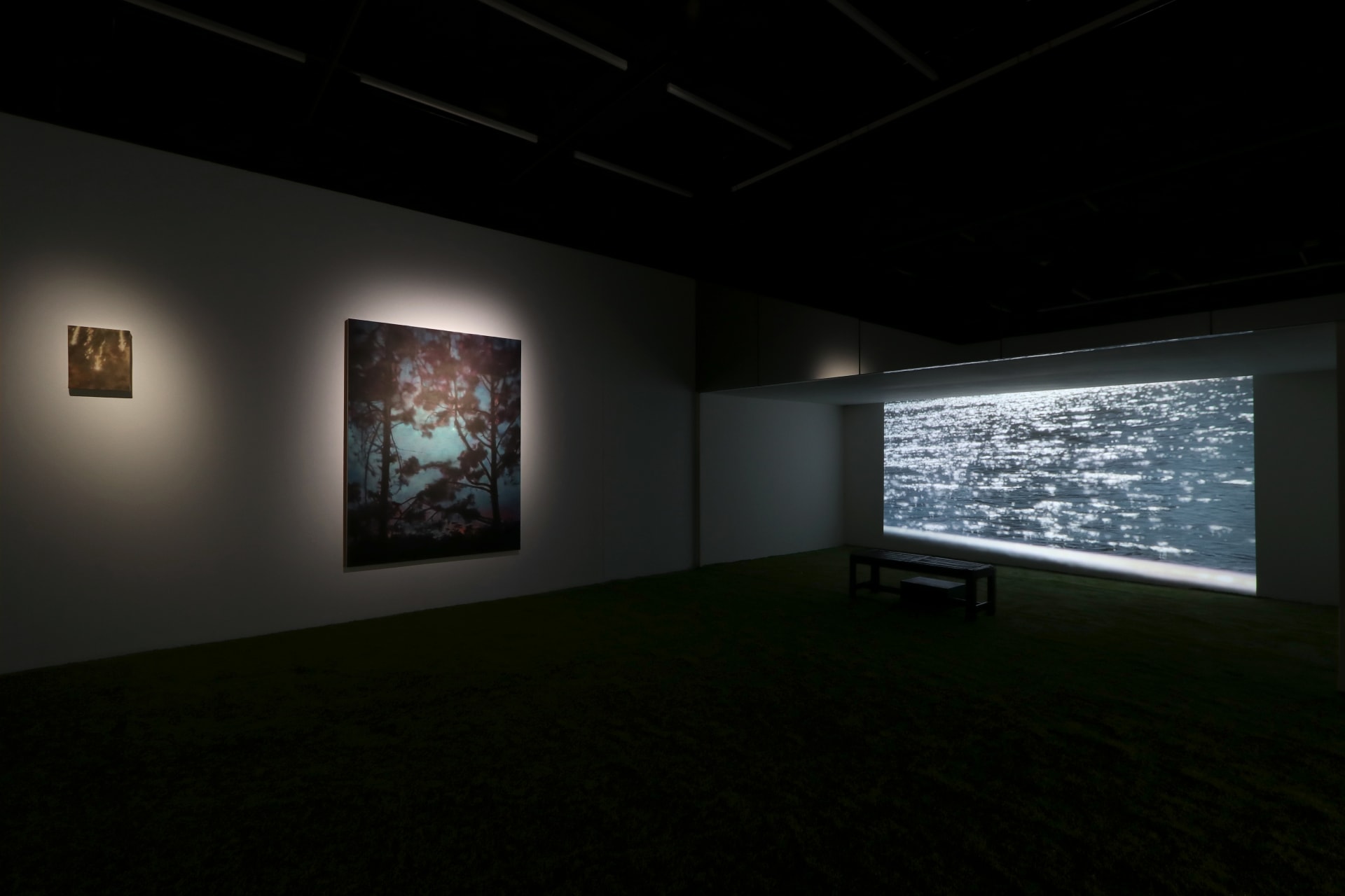 Installation view of a dark room with paintings by James Prapaithong softly spotlit and a large projection of a film