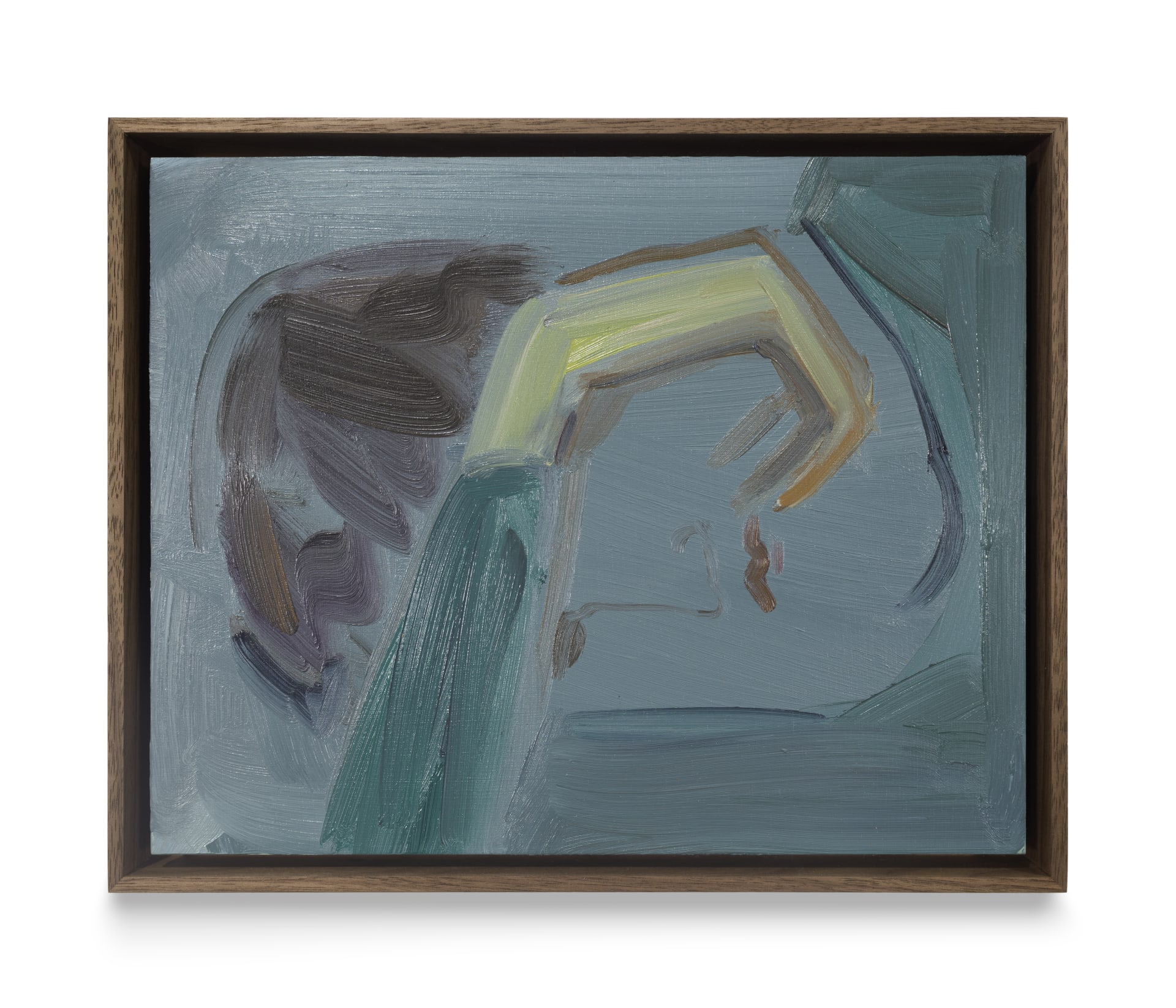 A painting by Eve Akroyd of a figure shielding their face with their hand 