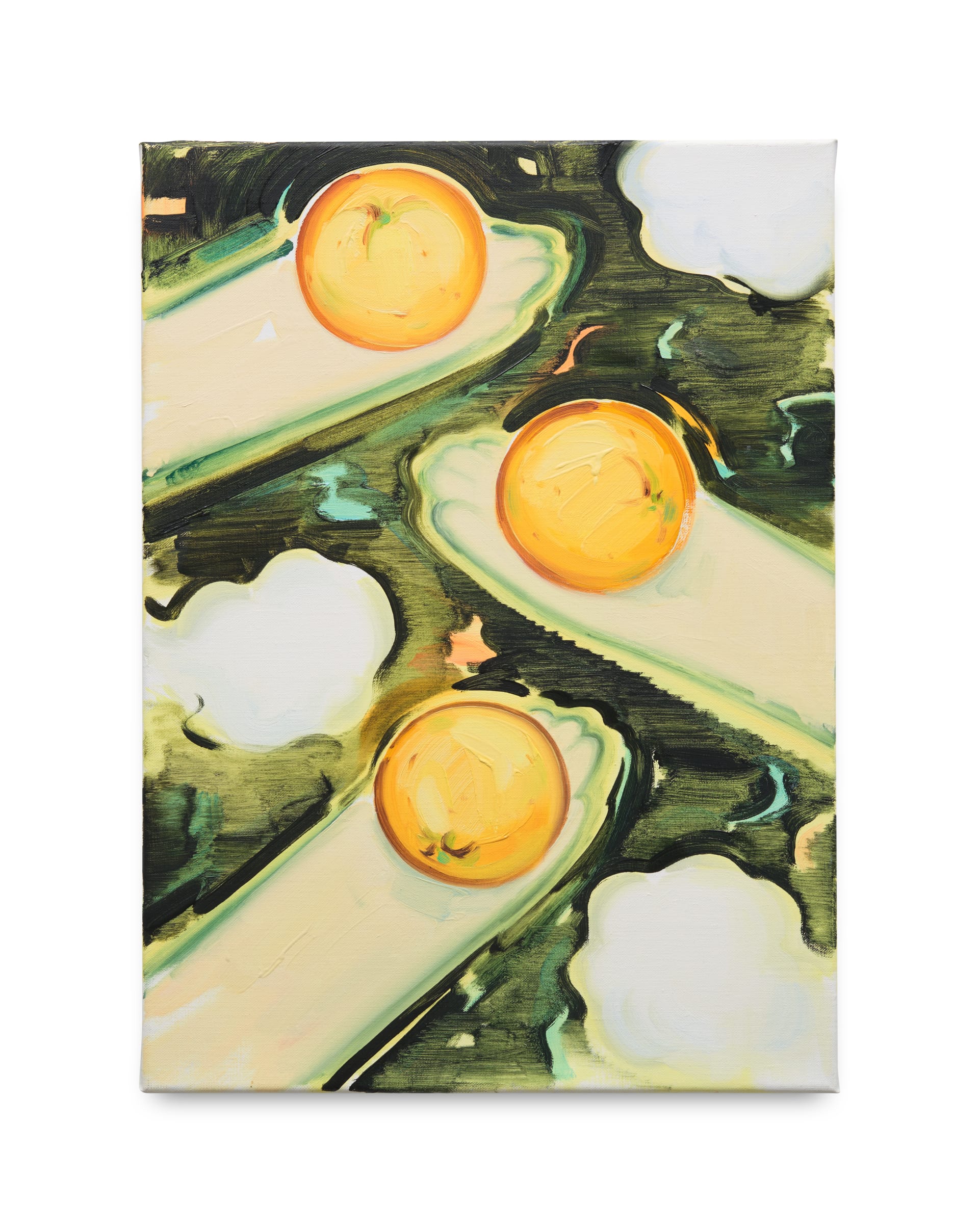 Orange Manoeuvre, 2019 is a painting by Sooim Jeong. Stylised hands tessalate across the canvas, each holding and offering an orange. The painting uses calligraphic brush work and a balance of muted colours with a more vibrant orange. 