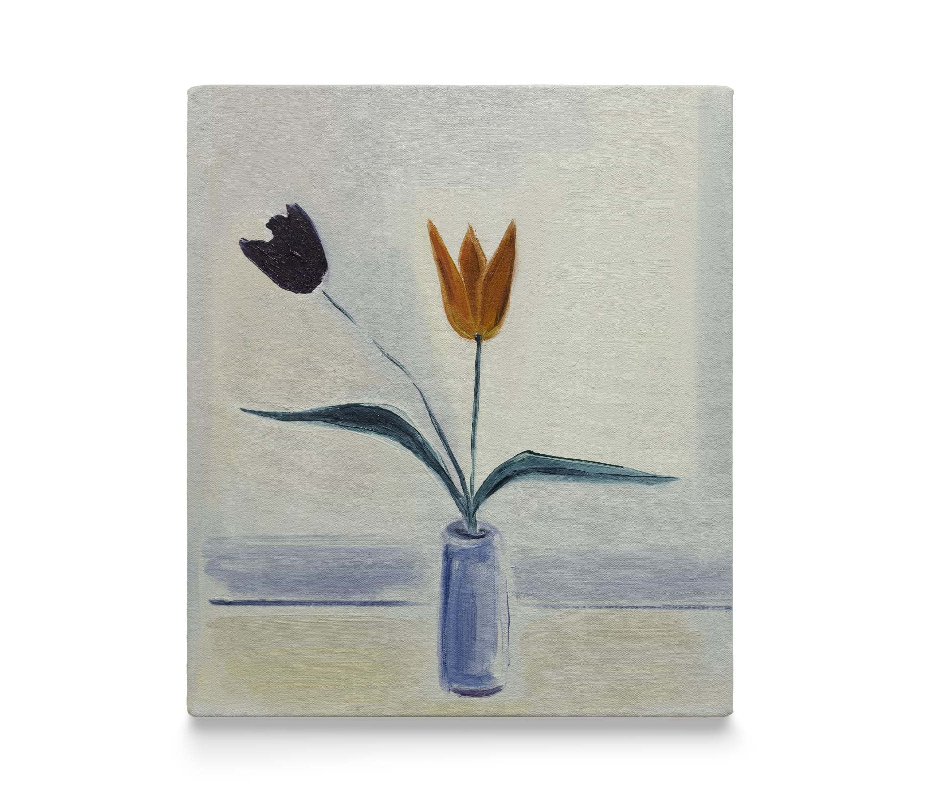 A painting by Eve Ackroyd of a vase with two flowers