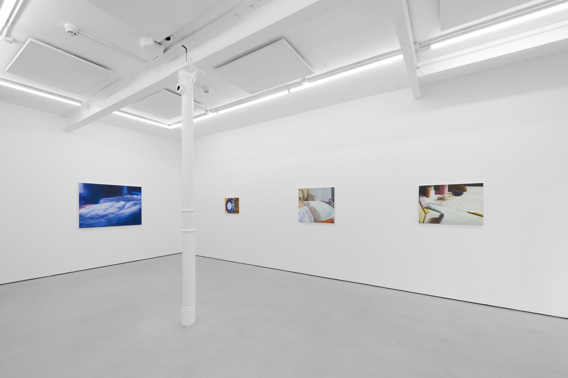 Rachel Lancaster's medium scale oil paintings of domestic objects from cinema are hung in a spacious white gallery space