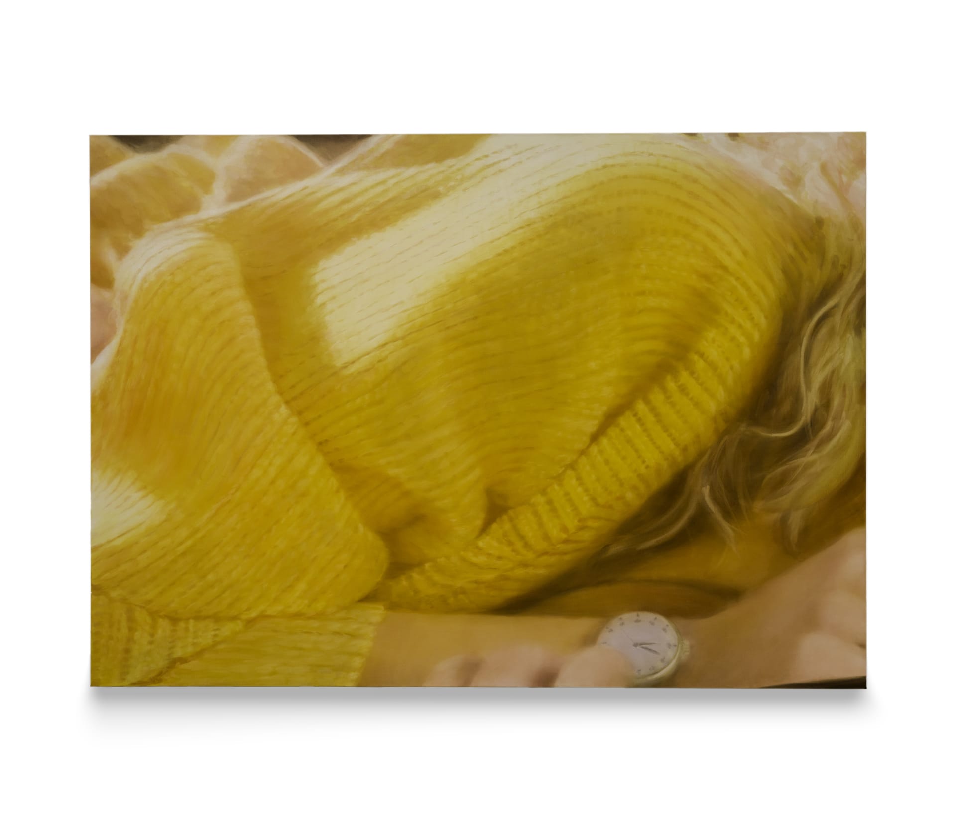 A bright yellow painting by Rachel Lancaster of a cardigan 