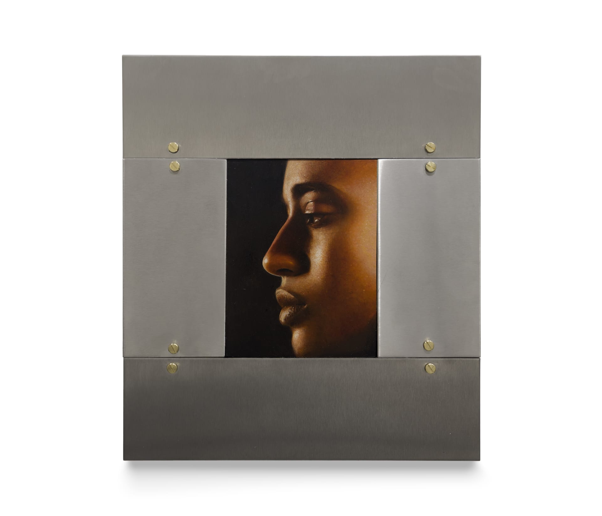 A painting by Ki Yoong of the side profile of a young man's face in a steel frame