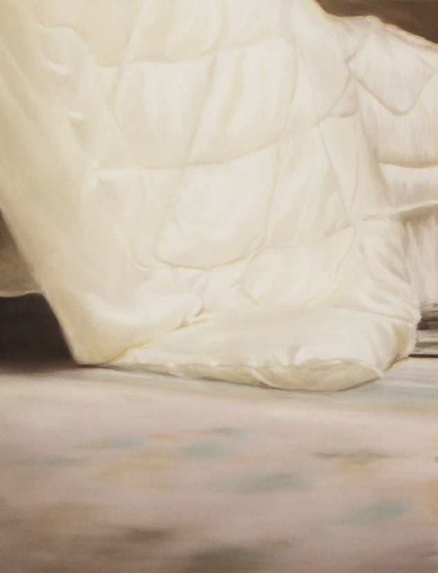 A painting by Rachel Lancaster of a white duvet 