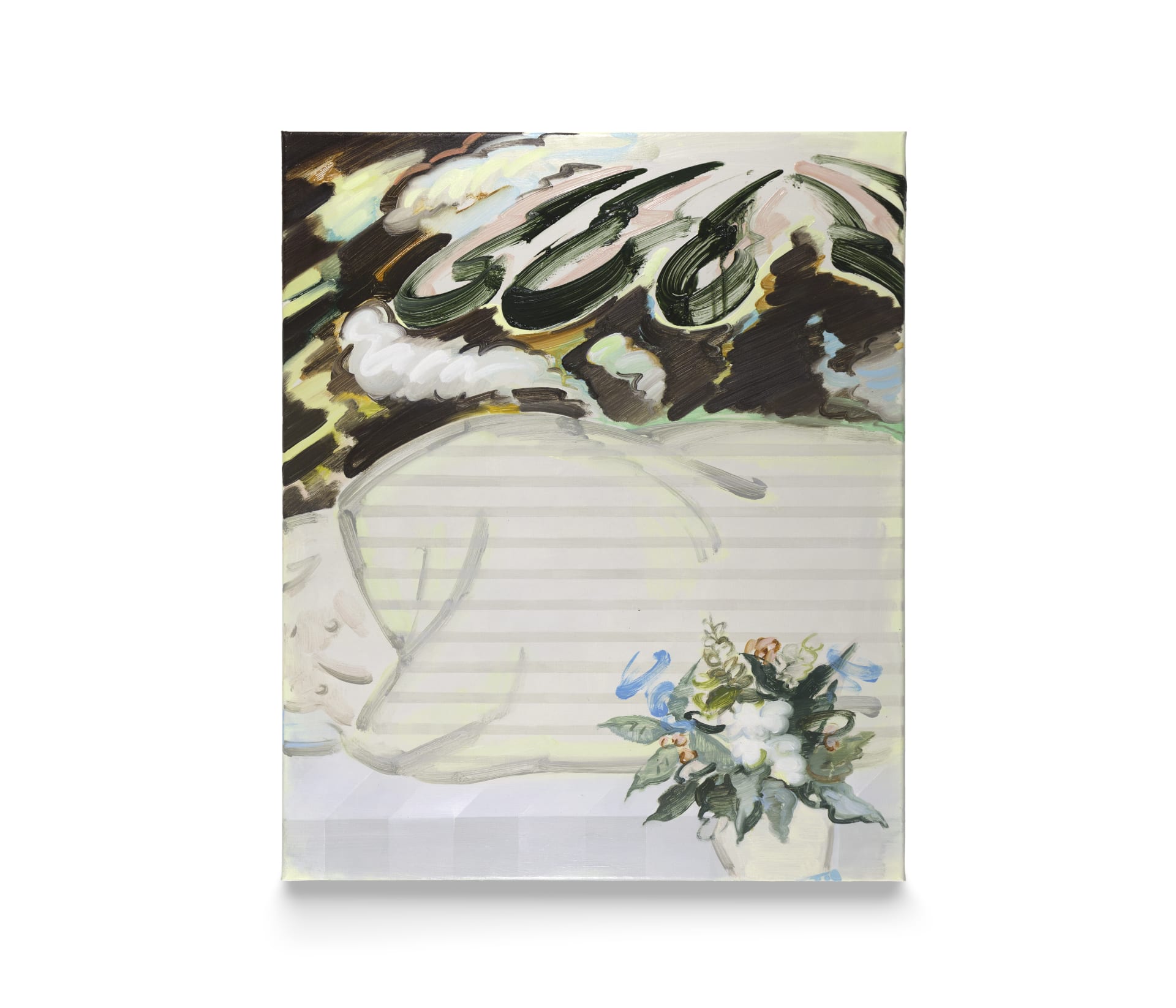 A painting by Sooim Jeong of a figure under a blanket with foliage above them