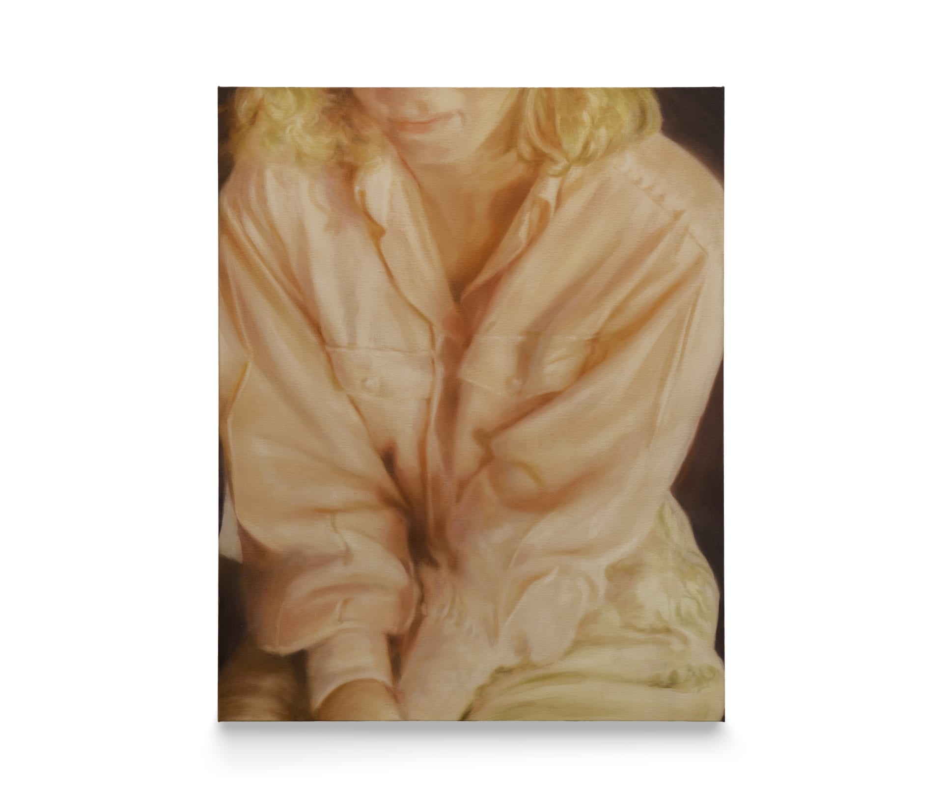 A painting by Rachel Lancaster of a woman wearing a salmon coloured shirt
