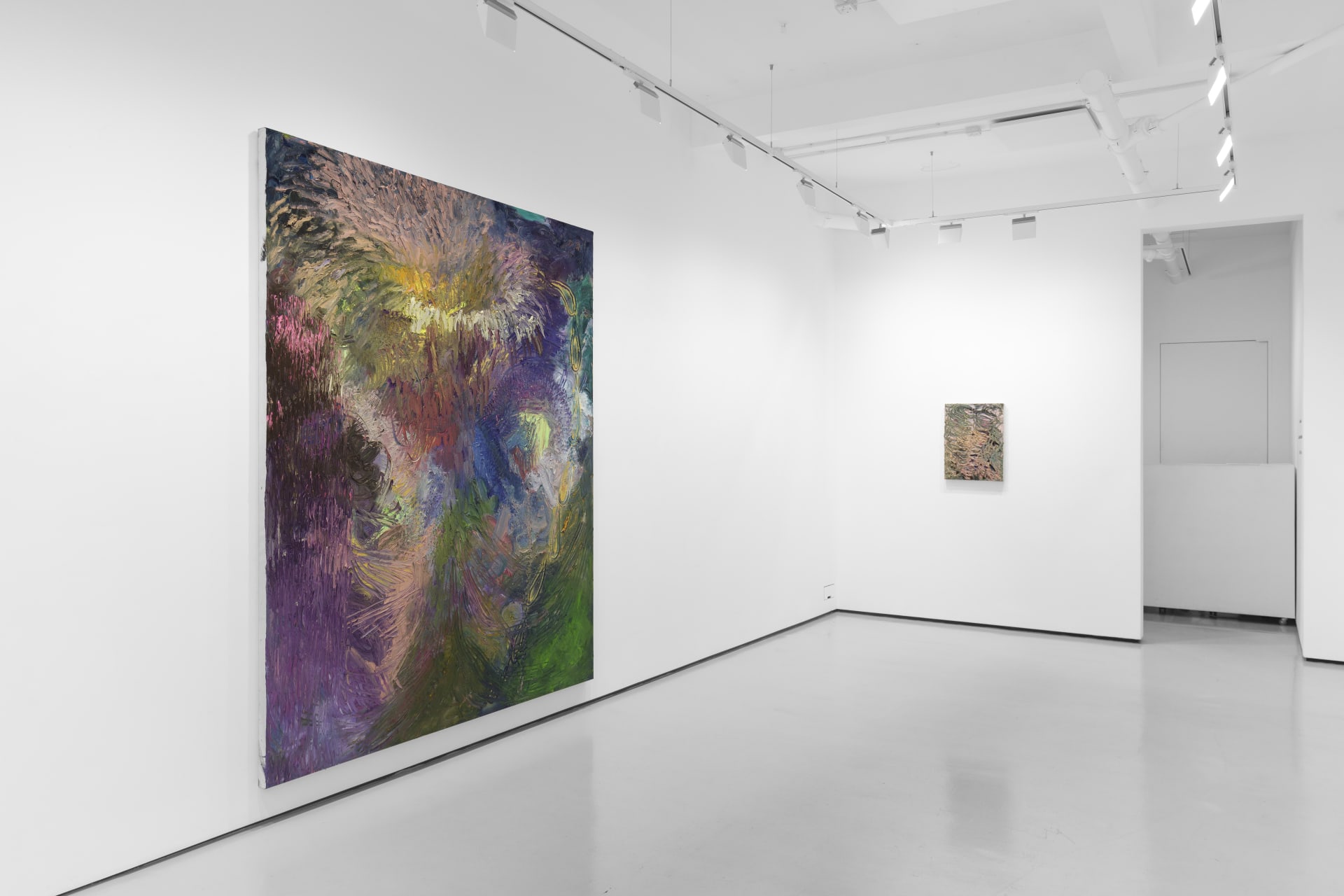 An installation view of James Cabaniuk's solo exhibition with two very large impasto oil paintings on the wall