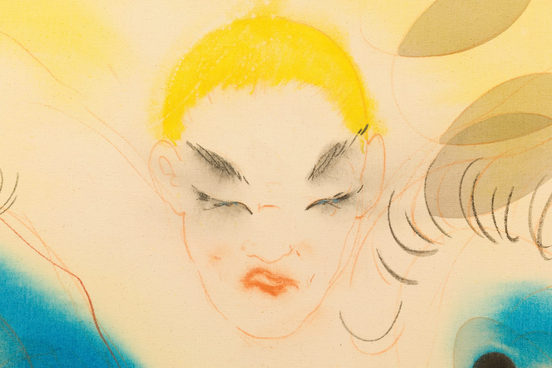 A detail of a painting by Zoe Spowage of a naked woman holding two blue forms under her arms