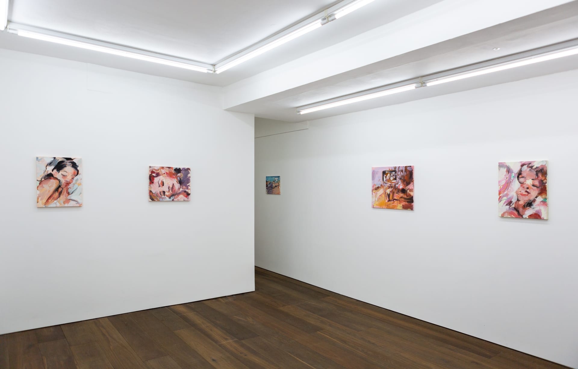 Installation shots of Laura Lancaster's solo show at Workplace London. Close up crop paintings of sleeping women and figures in landscapes, loosely painted.