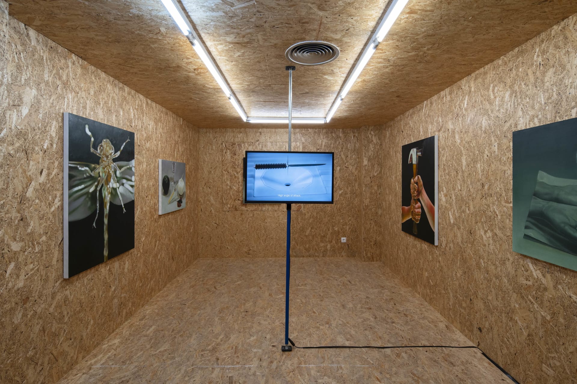 An exhibition of paintings and a video by Robin Megannity in a chipboard clad gallery space