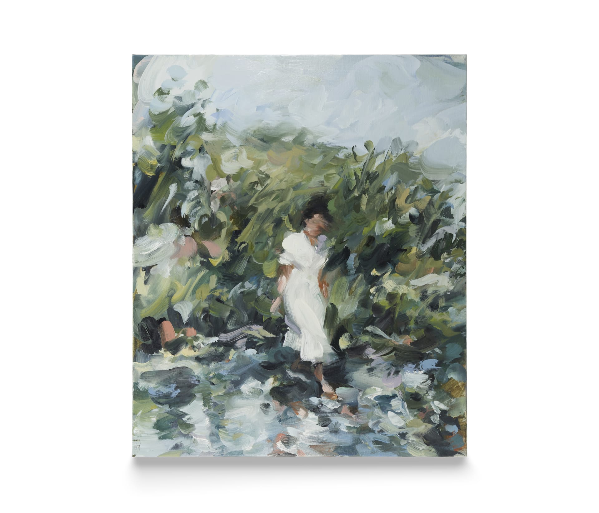 A painting by Laura Lancaster of a woman stood in a lush green landscape